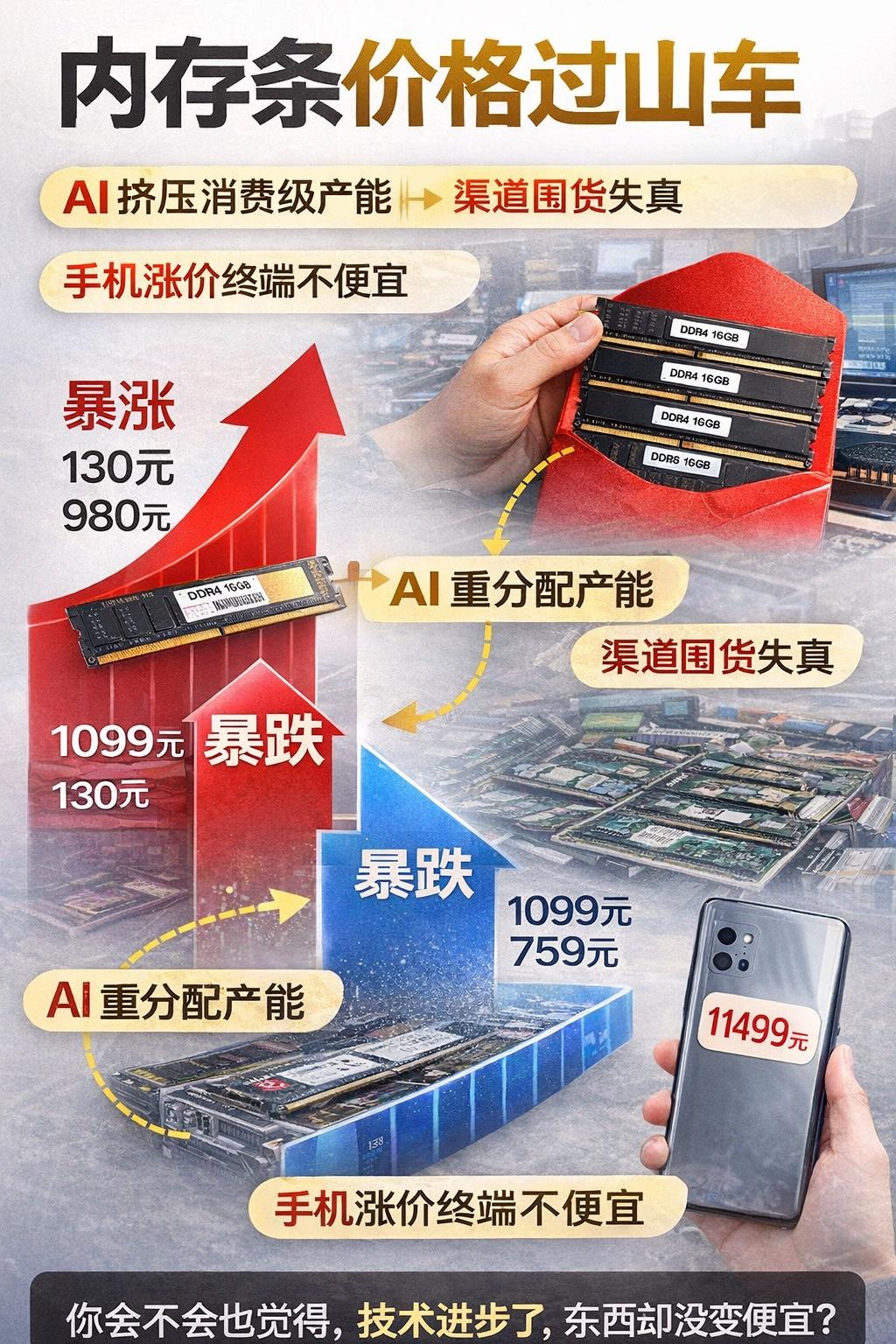 内存条价格过山车。

很多人看到的是：
一年暴涨，
一个月暴跌。

公开信息显示