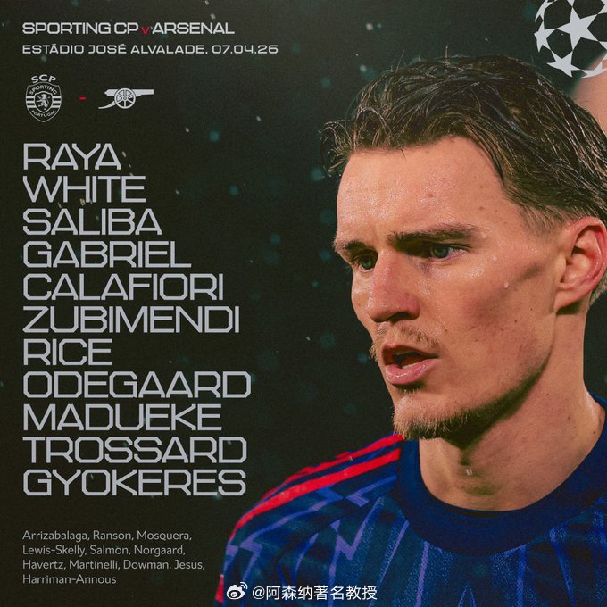 欧冠8强首回合，葡萄牙体育主场迎战阿森纳首发已出：阿森纳首发：1-拉亚、4-本·