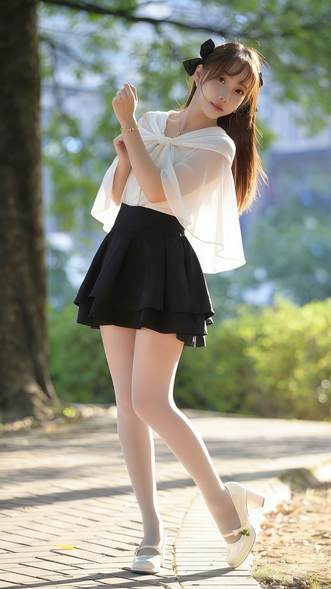 夏日清新少女风，白色上衣搭配黑色短裙，甜美可爱，阳光下的你最美！🌞💕