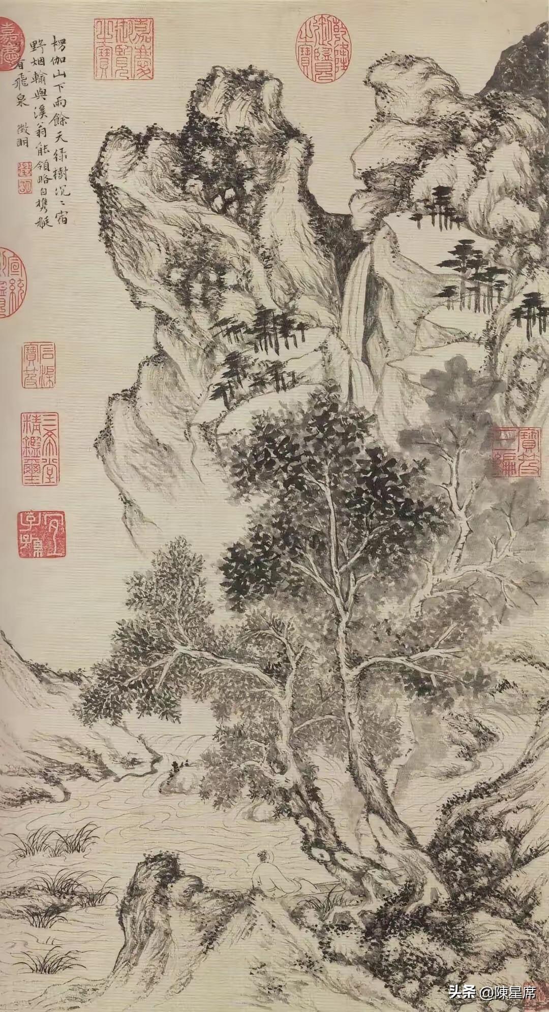 文徵明的《好雨听泉图》，是他78岁那年的作品，完全是晚年笔墨炉火纯青的状态。
整