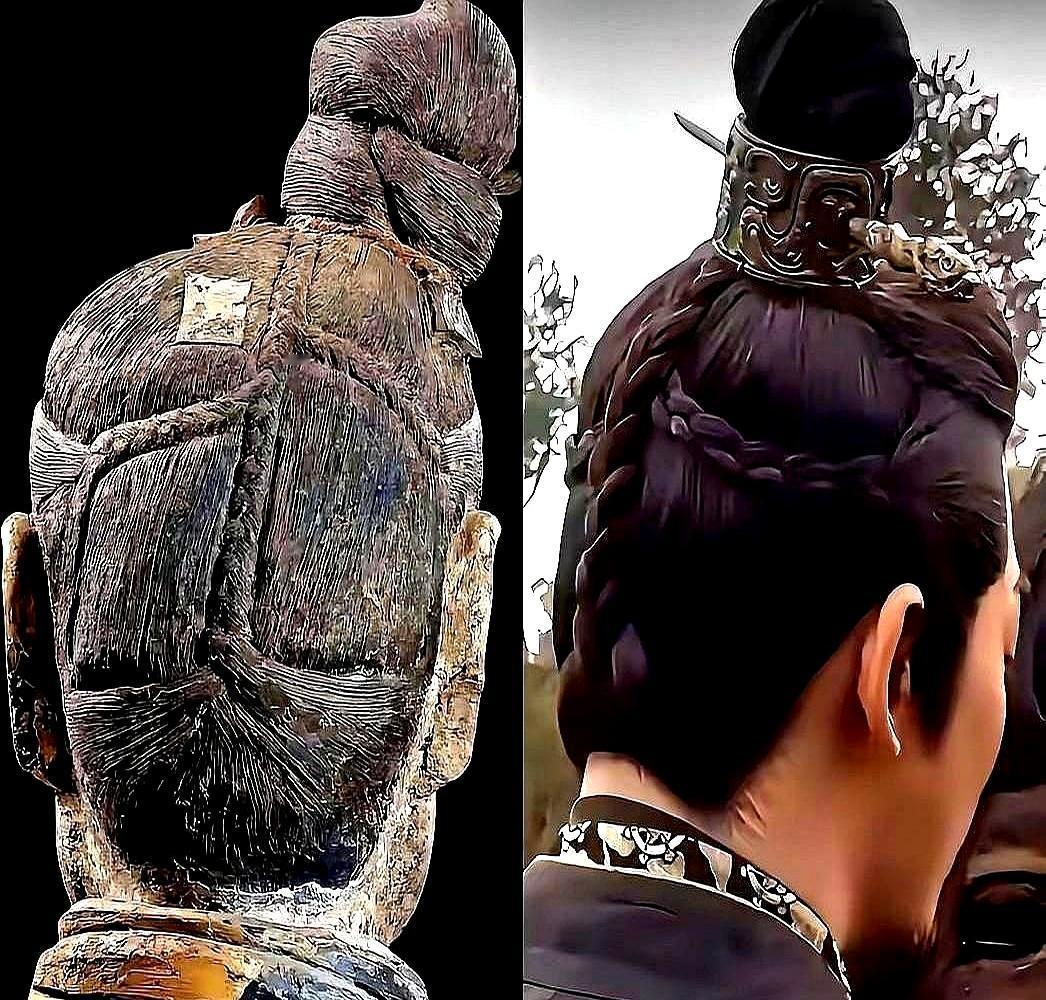 兵马俑发髻歪了2000年
 
TVB当年给群演梳的，就是兵马俑同款偏髻。手工一根