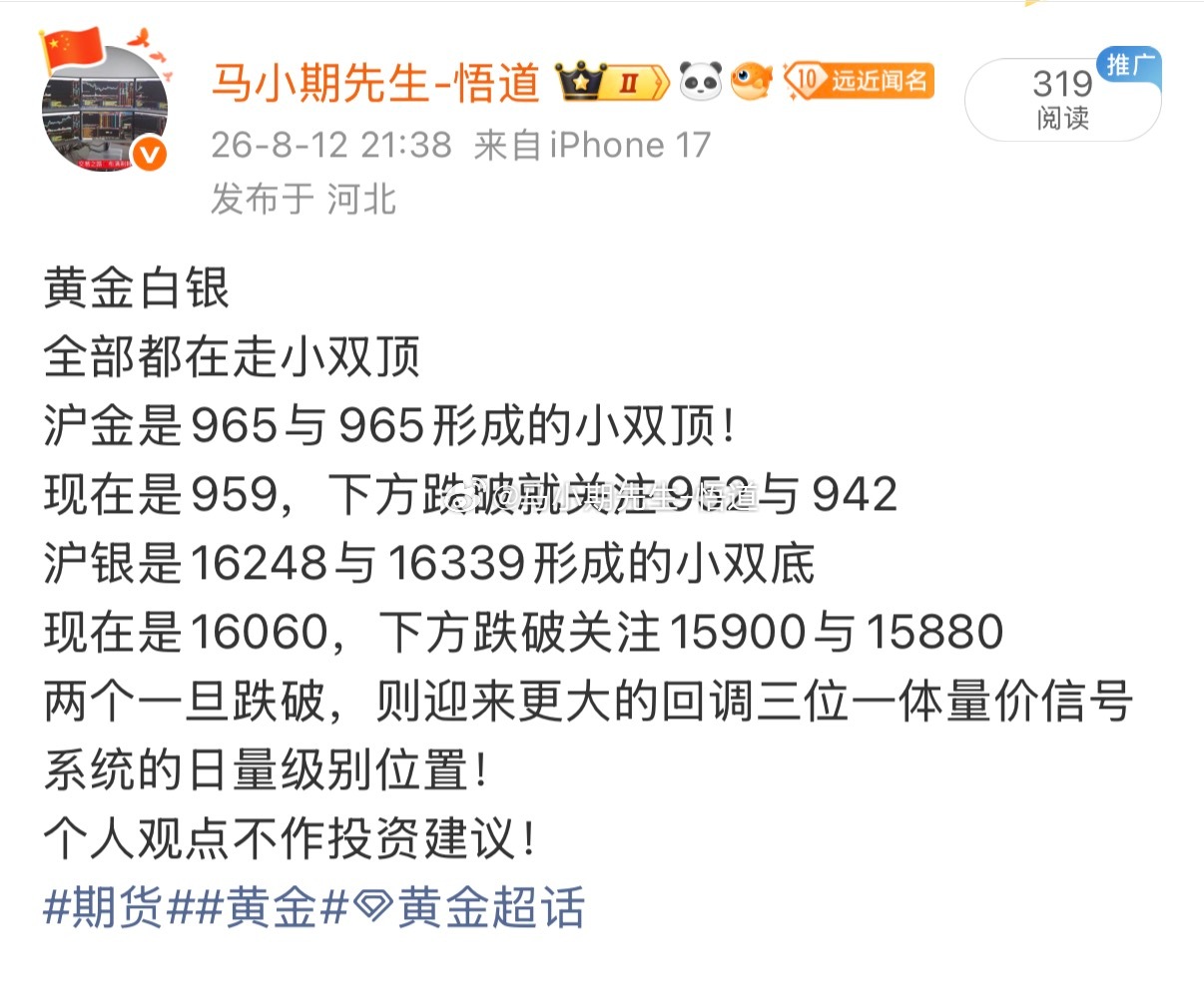 沪金与沪银出现滞涨！无量状态警惕快速回落！接近于双顶，可以参与小🈳这个是乖离的