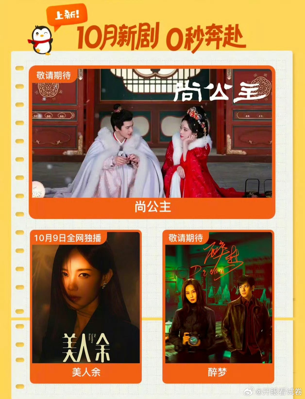 十月即将上新的剧刘诗诗《醉梦》李一桐《美人余》孟子义《尚公主》 ​​​