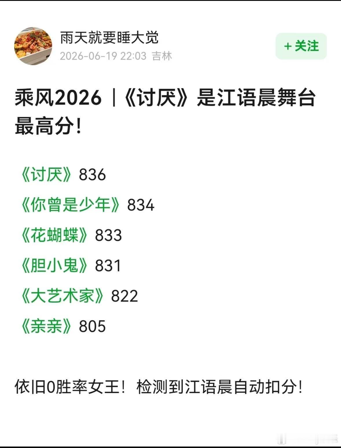 江语晨五公至此0胜率不要这样对江语晨，每场比赛表现的都很好，就是得不到第一，每场