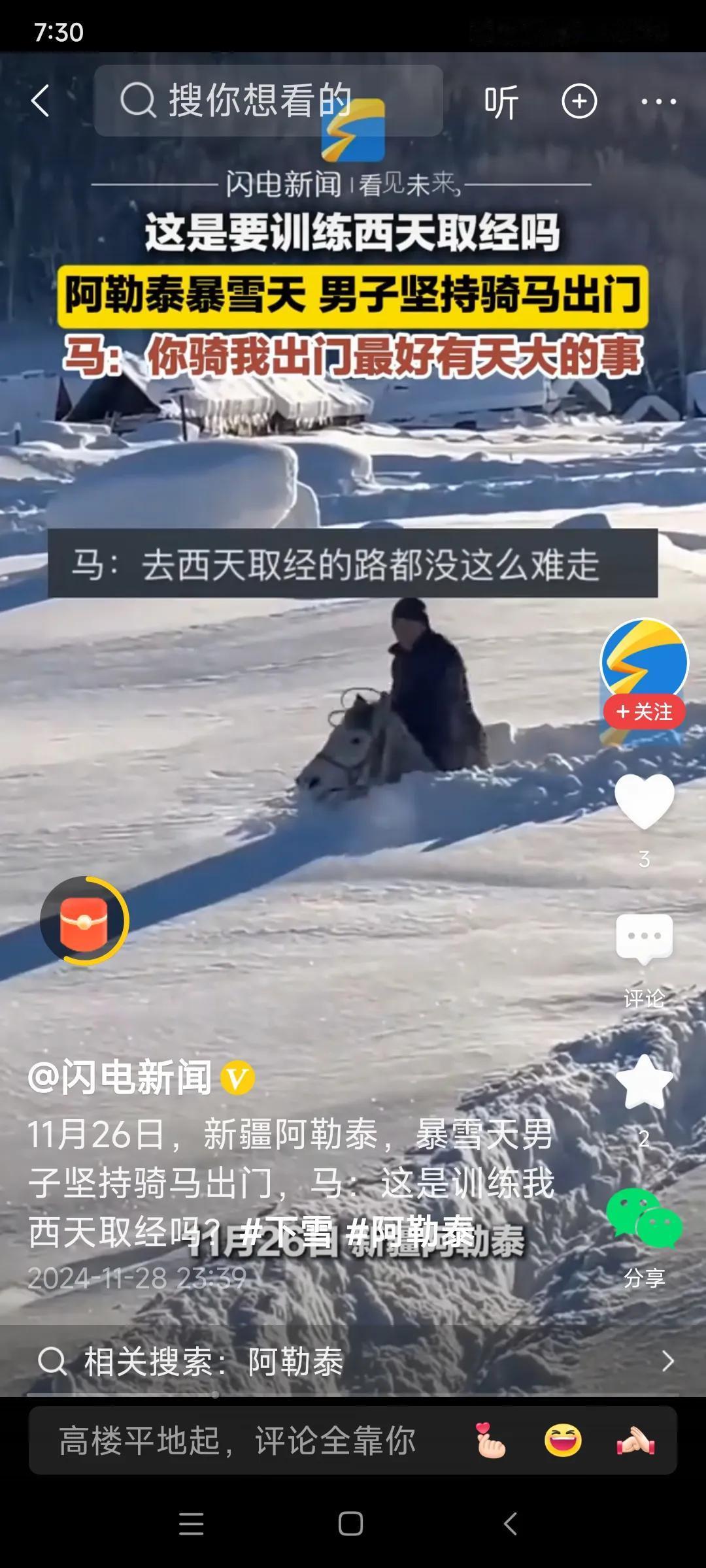 我活了大半辈子，头一次看到这么大的雪！可苦了这匹马，连马失前蹄都做不到了，这要把