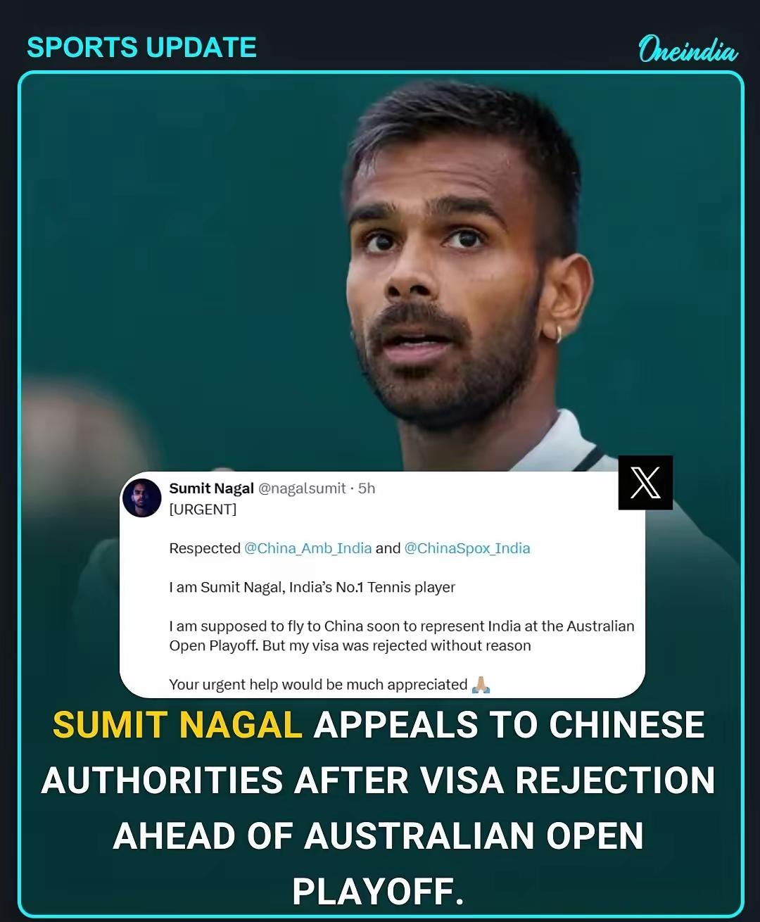 印度网球选手苏米特·纳加尔被中国拒签。他目前世界排名273名，原计划参加澳网附加