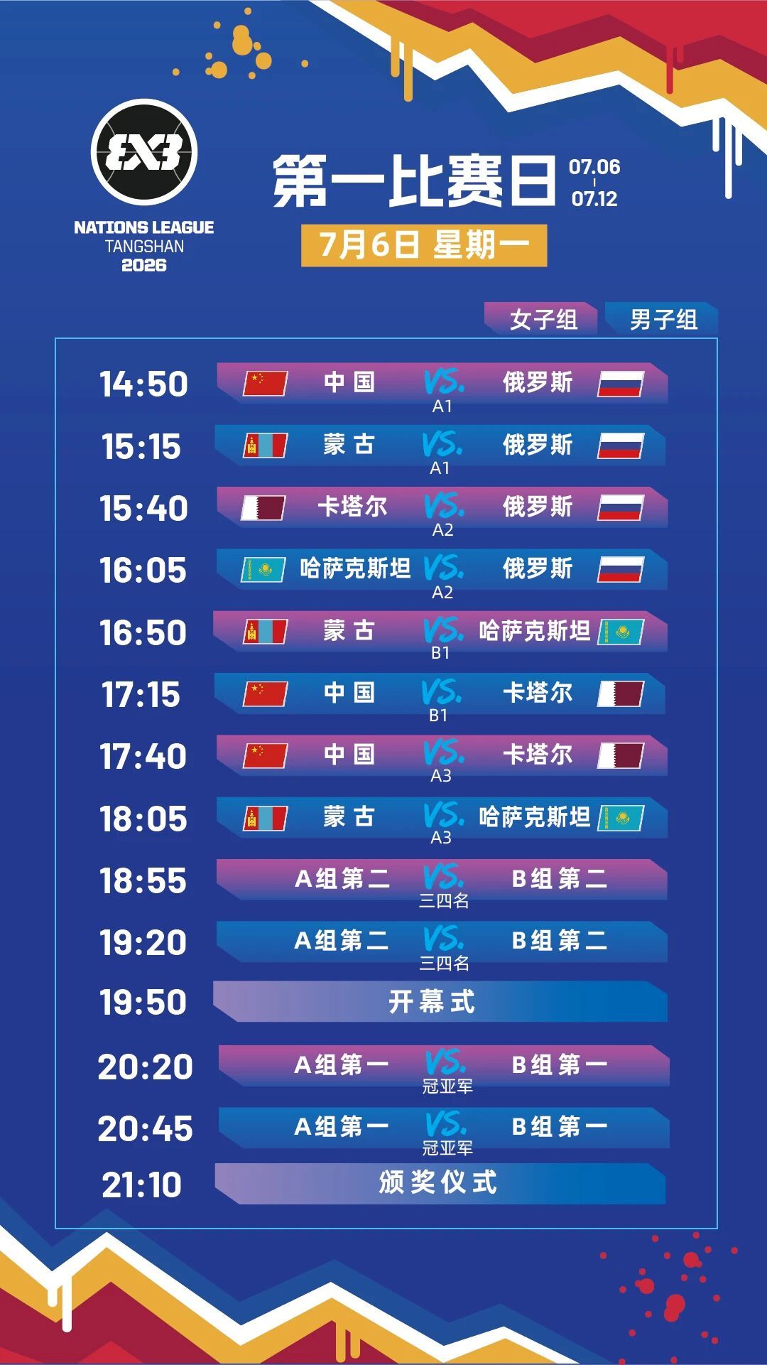 【赛事预告】2026国际篮联三人篮球U21国家联赛亚洲区的比赛，将于7月6日-1
