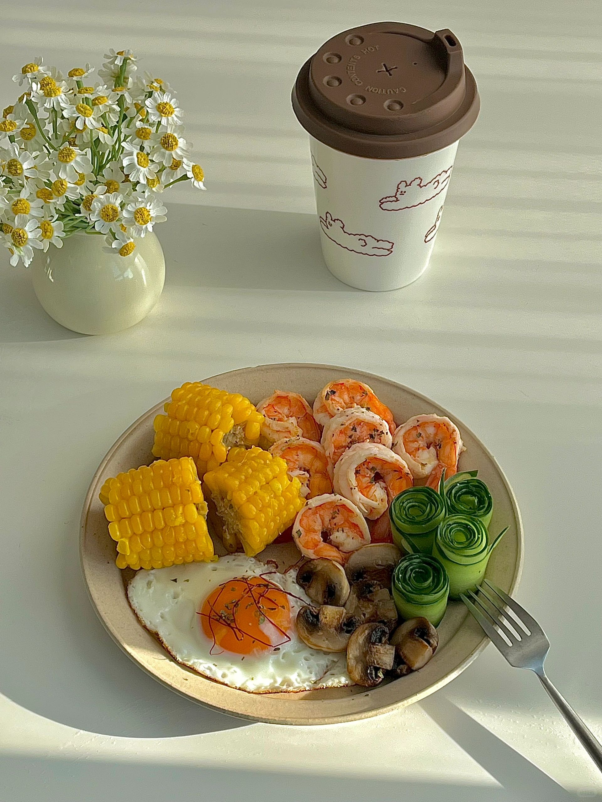 ☀️工作日早餐｜蒸玉米🌽煎虾仁高蛋白早餐😋