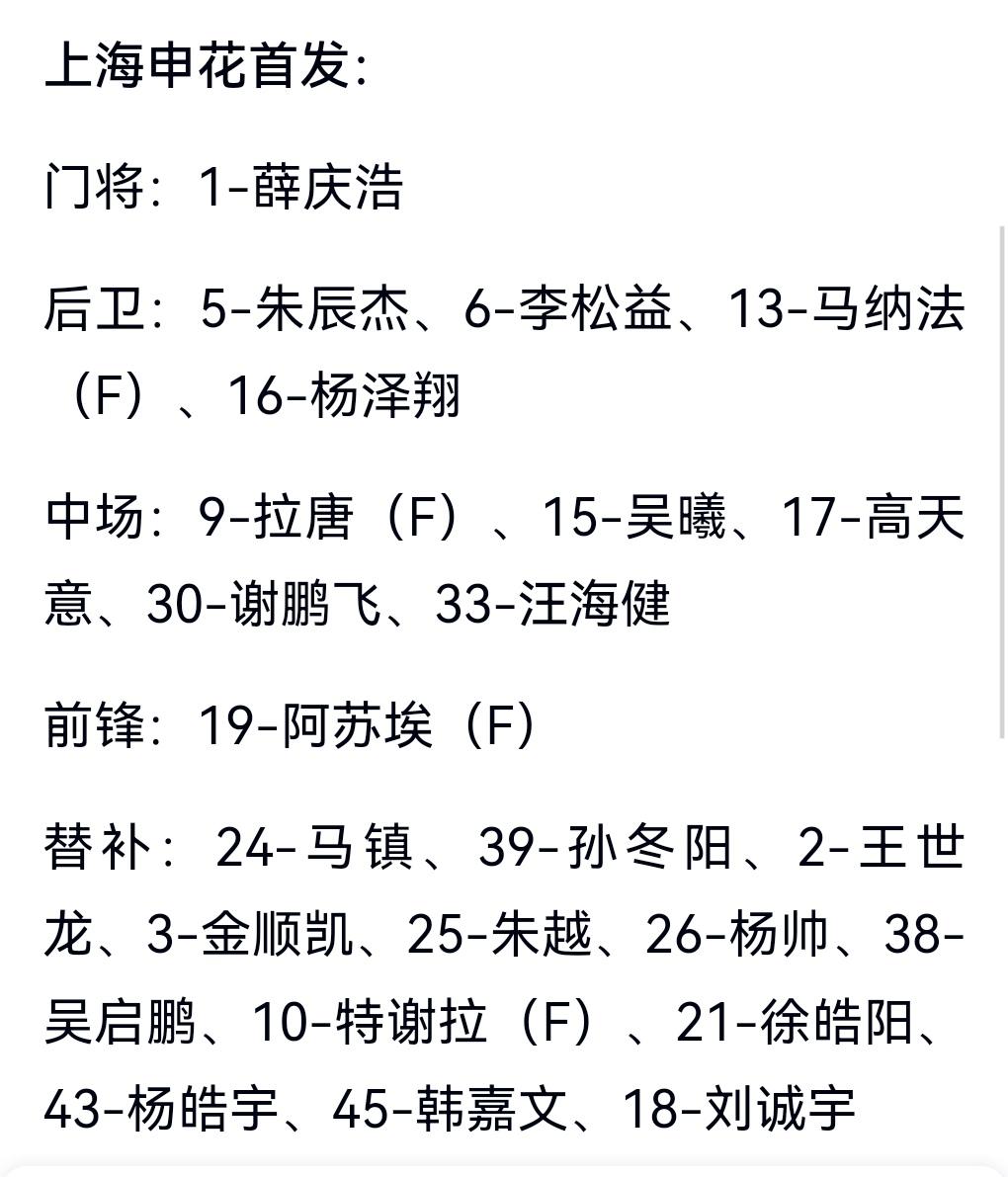 申花首发确定！薛庆浩继续主力！这就是申花底气和对一个球员的绝对信任！今天赢球是唯