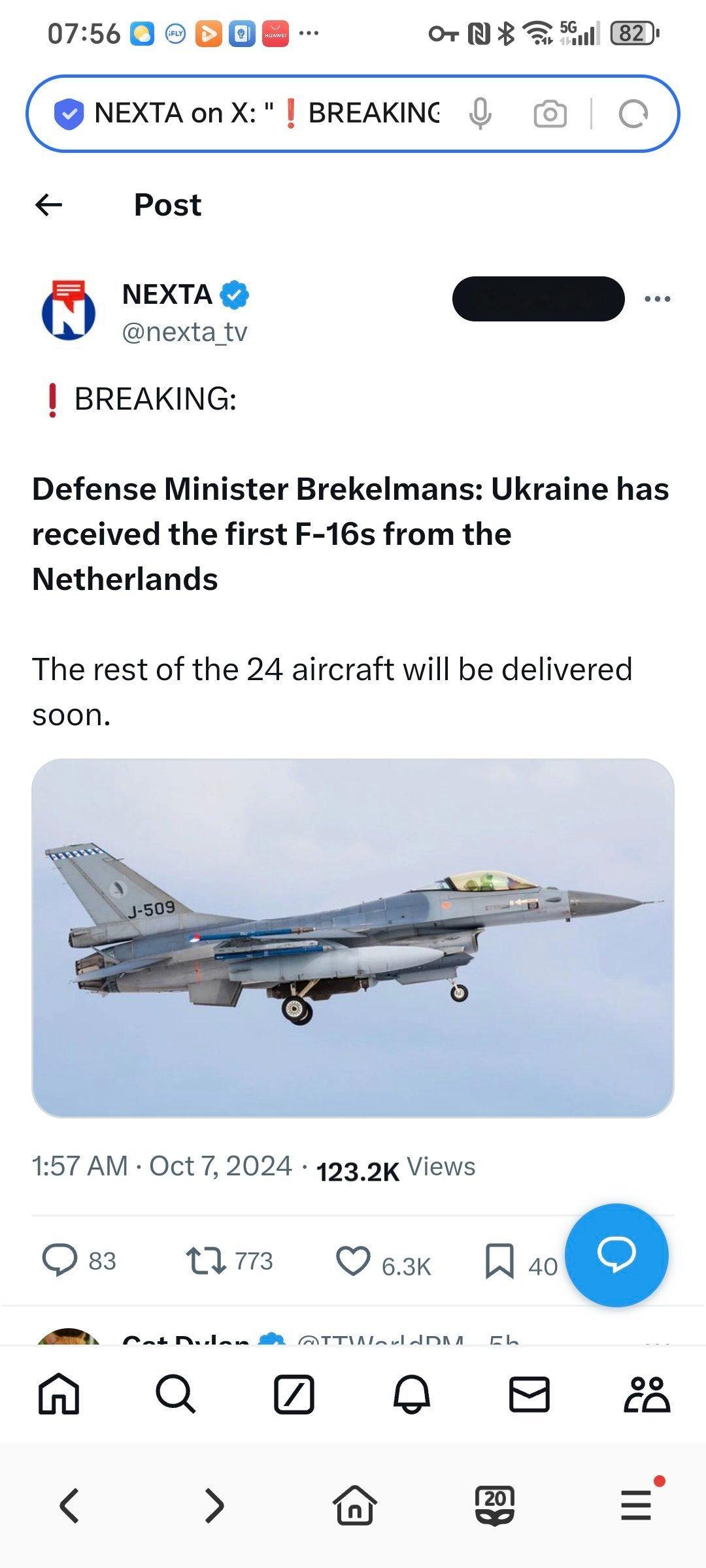 荷兰国防部长布雷克曼斯：“乌克兰已从荷兰接收了首批（未知数量）F-16战斗机，总