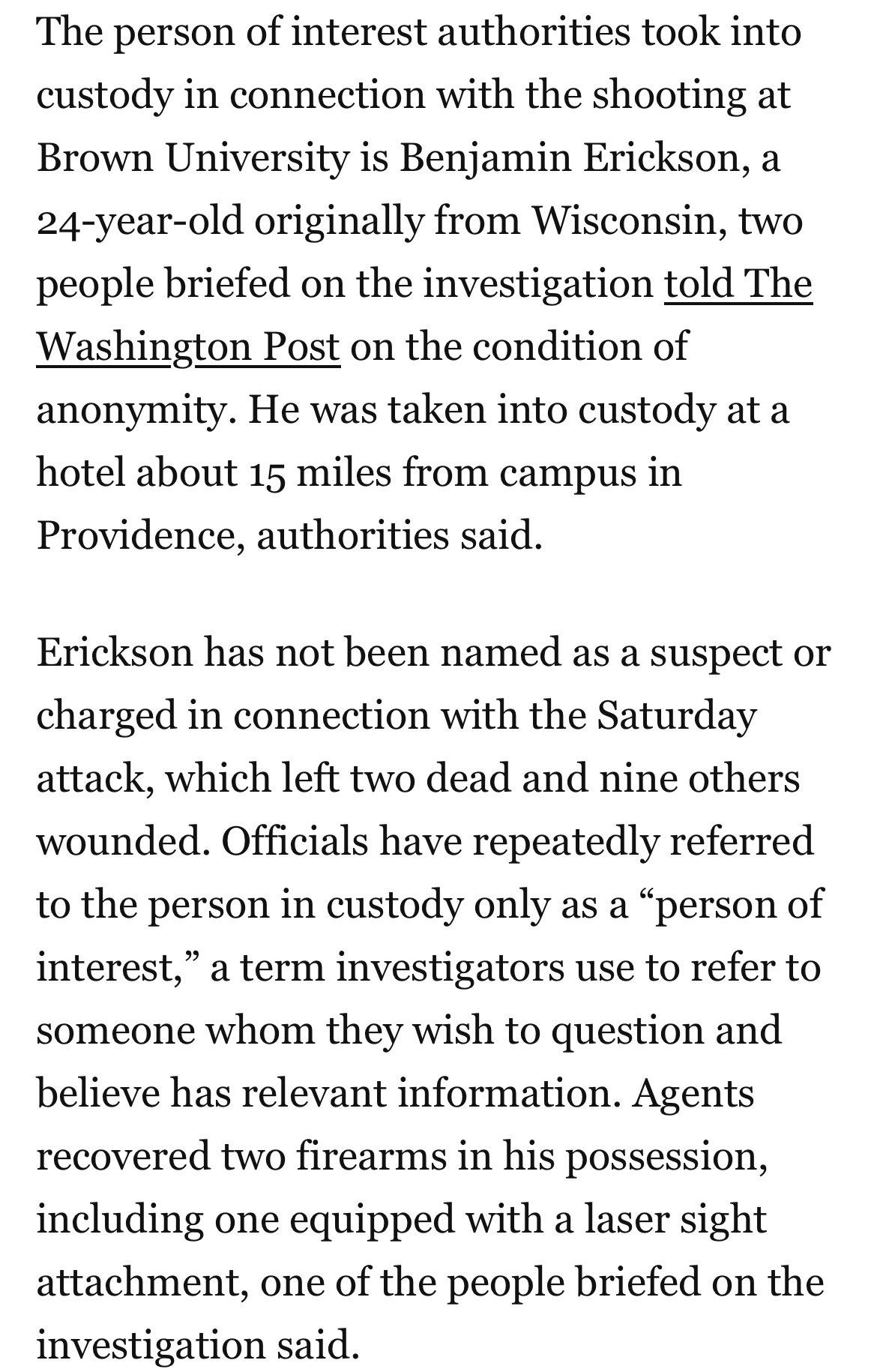 新闻快讯——《华盛顿邮报》消息，与布朗大学枪击事件相关的被拘留人员身份已确认，此
