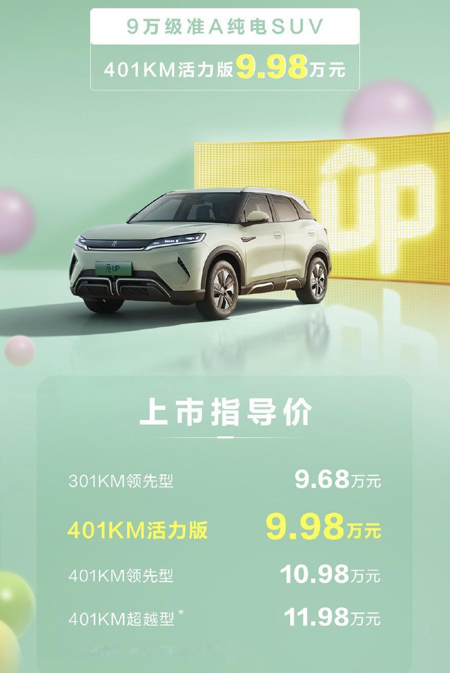 比亚迪元UP加推元UP活力版上市，定位9万级准A纯电SUV，挺可爱的。
目前元U