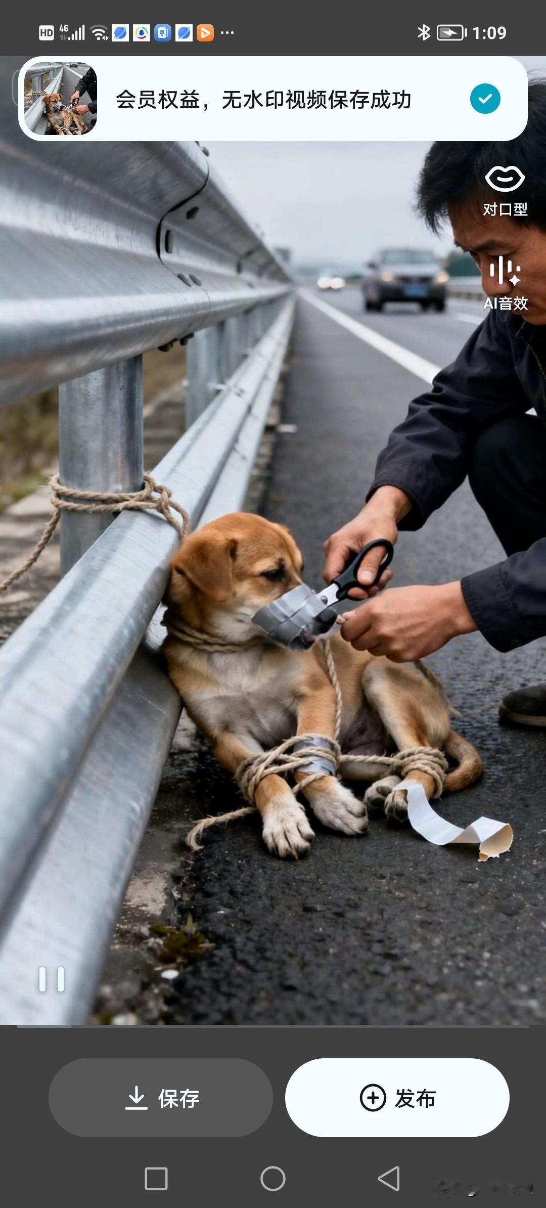 今天乘车出游，途中目睹了令人动容的一幕：一位男子正奋力解救被绑在护栏隔离处的狗狗