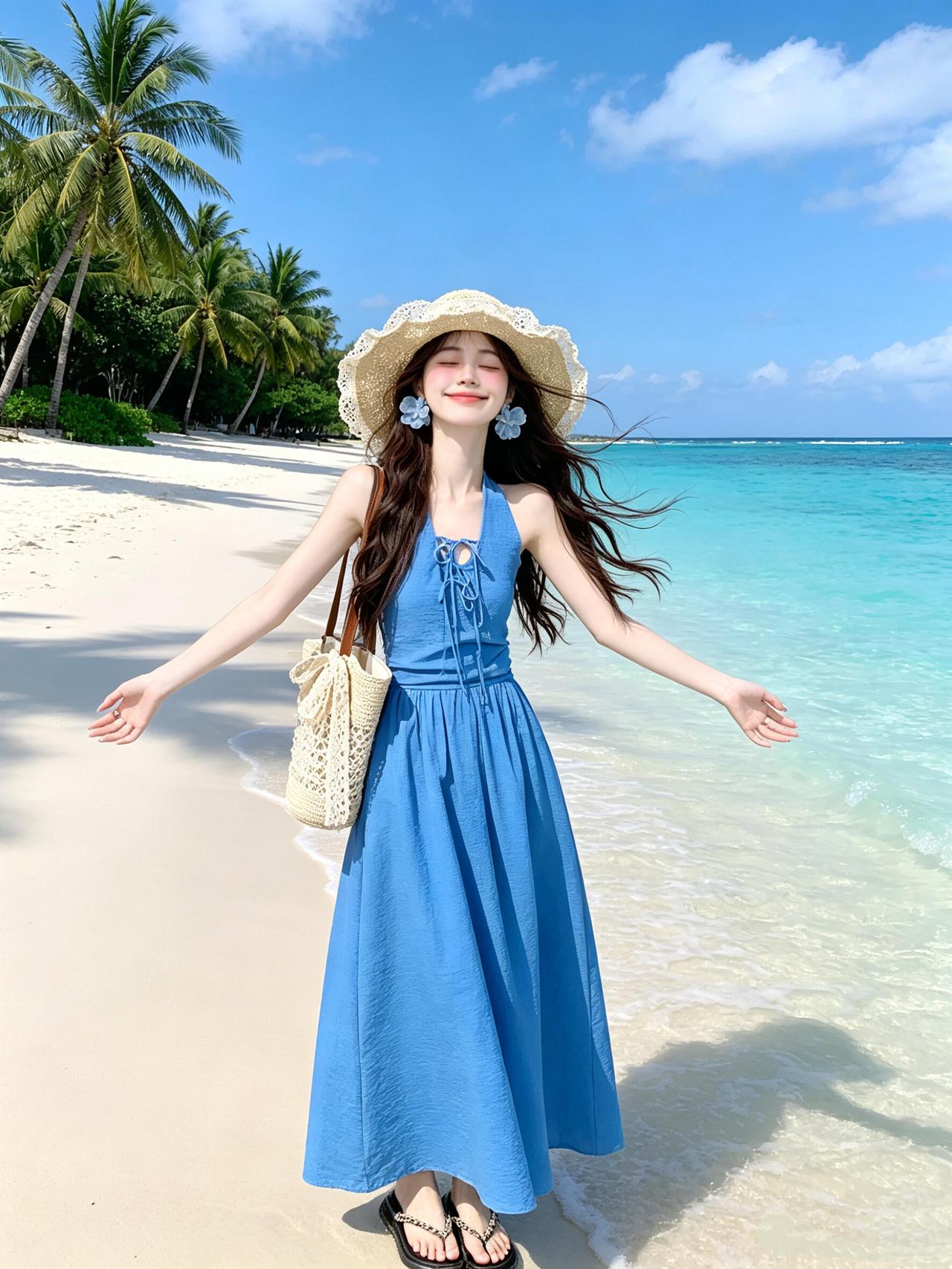 海边度假穿搭指南度假风女神穿搭 蓝色连衣裙+草帽