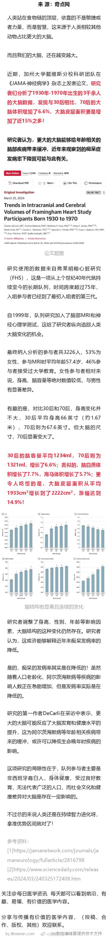 JAMA子刊：人类的大脑还在变大！长达75年的随访研究发现，70后比30后脑容量