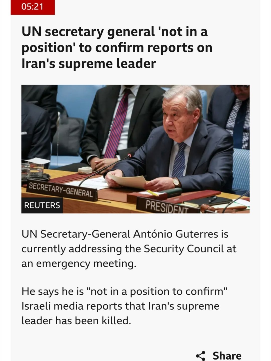 哈梅内伊被曝已死感觉像是真的。¹ 联合国秘书长的回应是一句套话：not in a