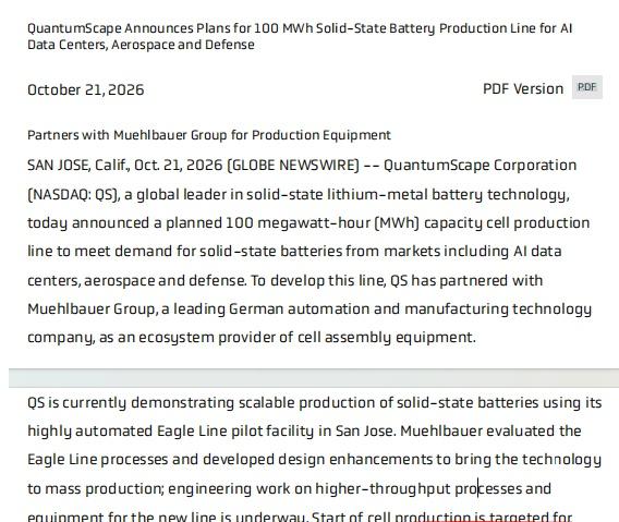 美国固态电池公司Quantumscape的100MWh的固态锂金属电池产线要开建
