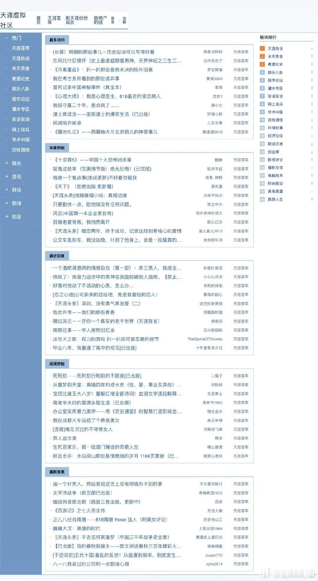天涯神帖经历过曾经的“南天涯，北猫扑”辉煌时代。“莲蓬鬼话”、“煮酒论史”、“娱