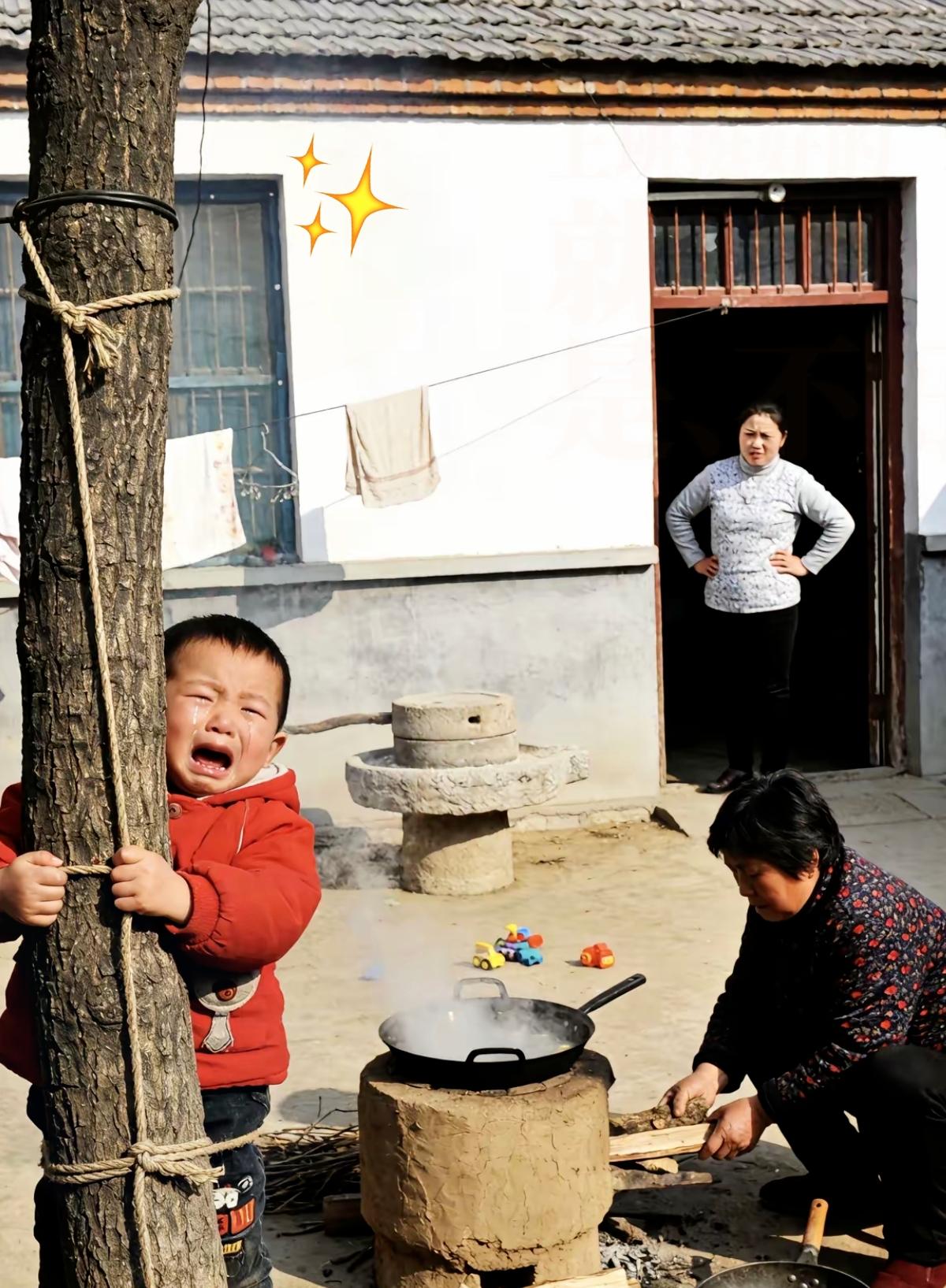 儿媳下班回家，看见两岁多的孩子被拴在树上，当场气得浑身发抖。
 
       