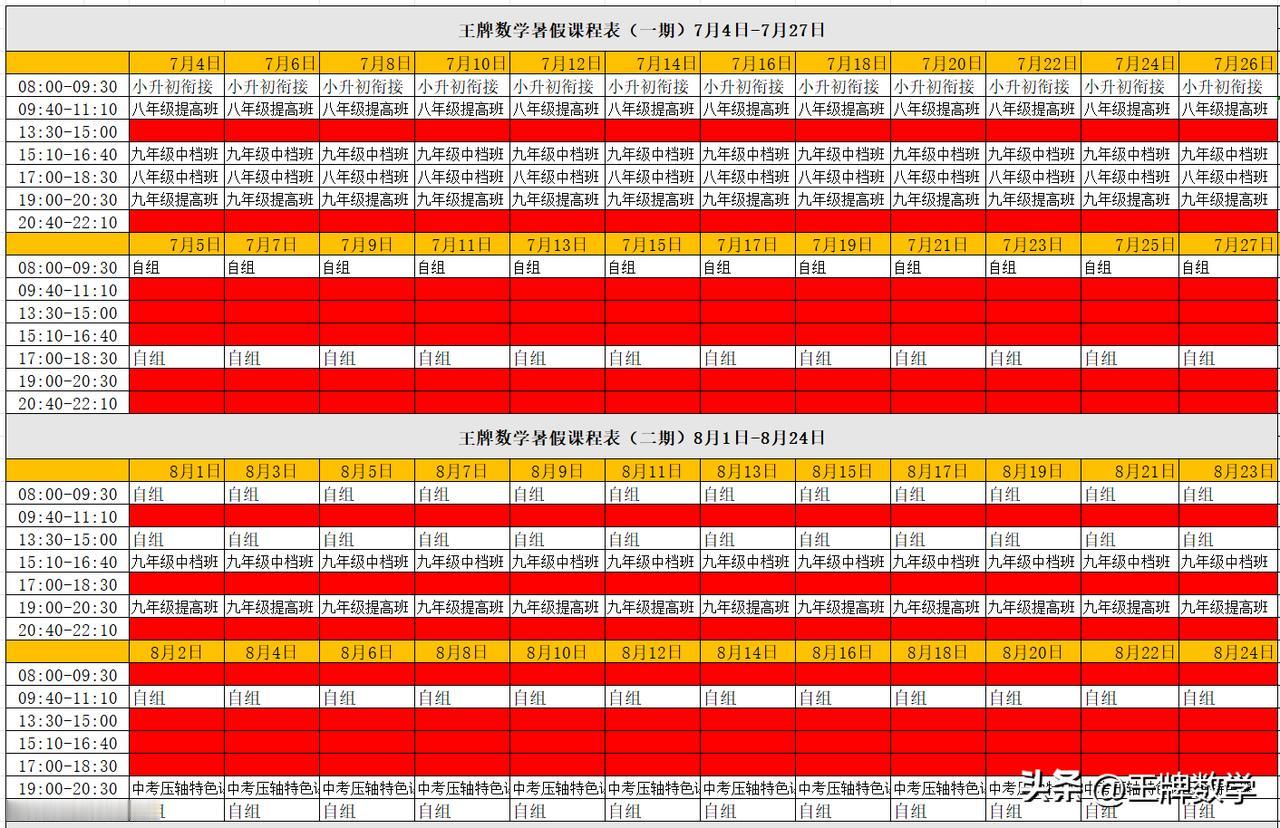 王牌数学暑假班报名中！
​目前8月份基本已报满，7月份还有部分班型可以报名。
​