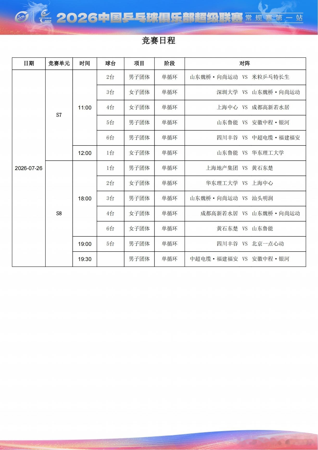 2026赛季中国乒乓球俱乐部超级联赛常规赛第一站（大连）赛程，7月26日晚间场比