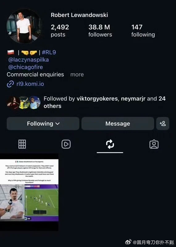莱万质疑FIFA偏袒C罗葡萄牙 莱万多夫斯基在社媒转帖质疑FIFA在本届世界杯多