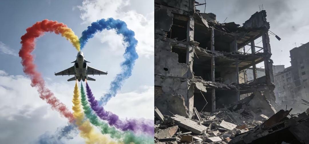 歼-16在长春拉出爱心，新加坡航展上歼-10C正喷彩烟，而加沙废墟里孩子用粉笔画