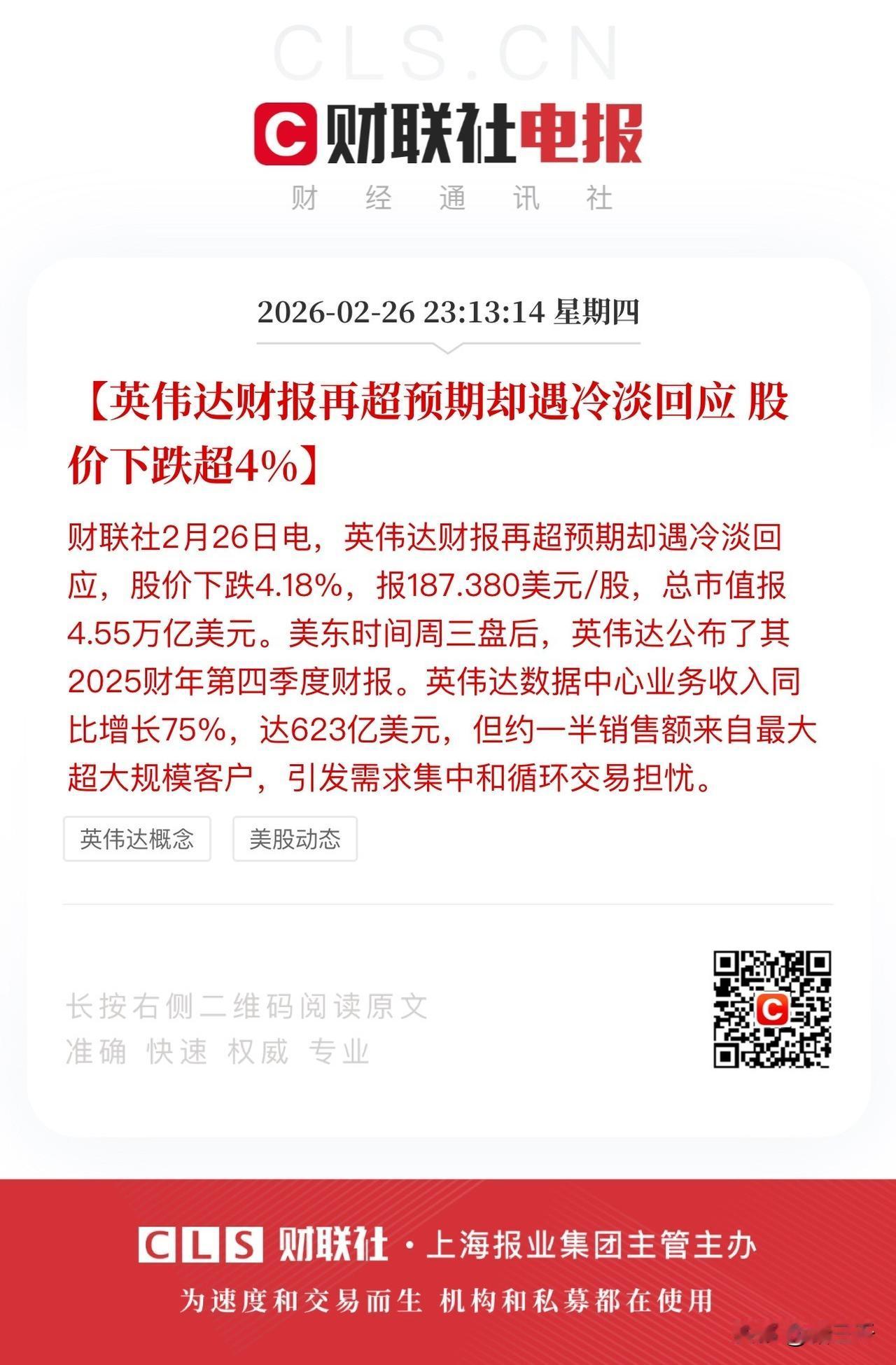 今晚美股科技上半场不太妙哦!
英伟达业绩超预期，
股价却掀了桌子，
不知但斌总和