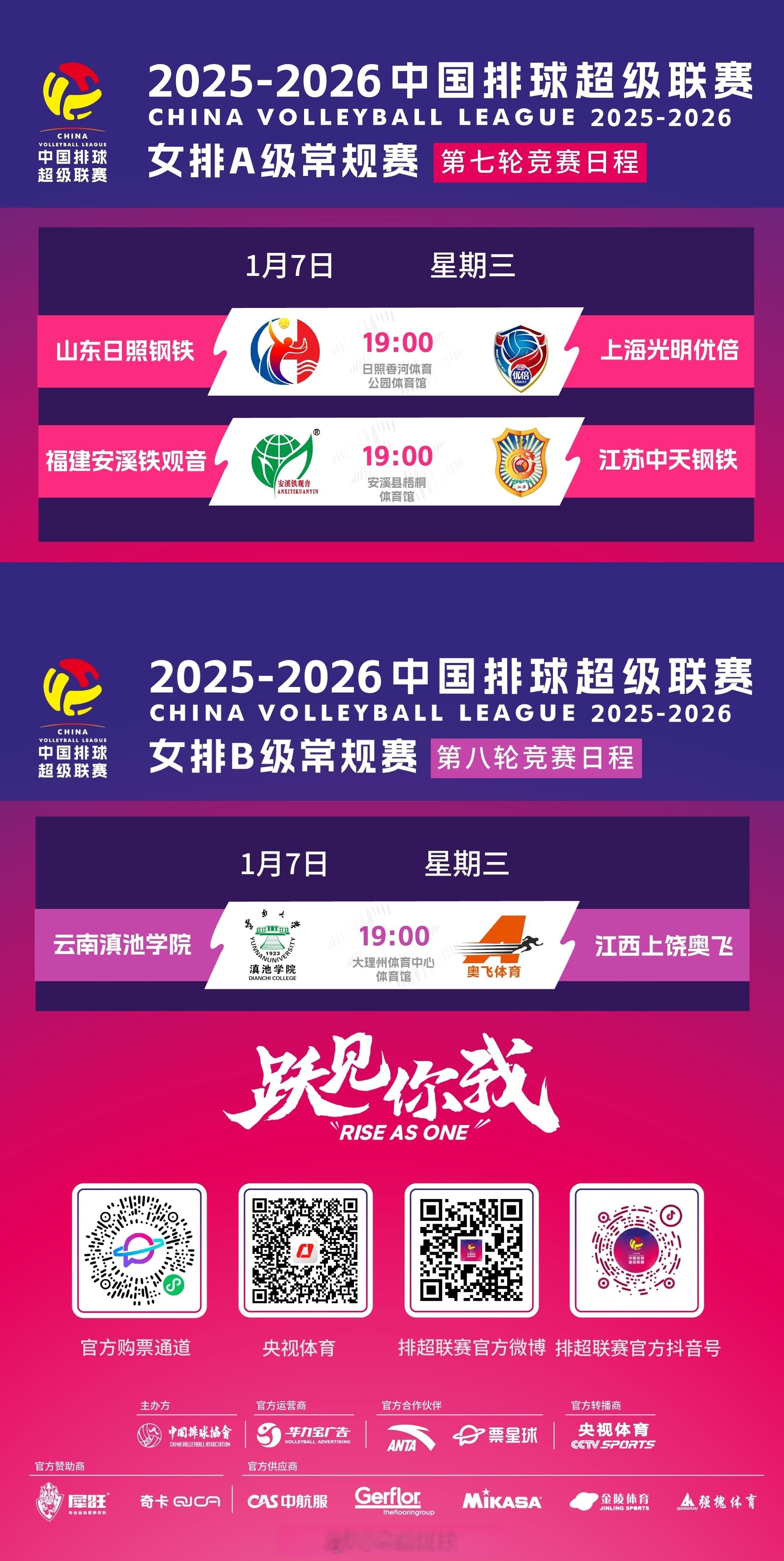 2025-2026中国女排超级联赛 A级常规赛第7轮、B级常规赛第8轮今天的竞赛