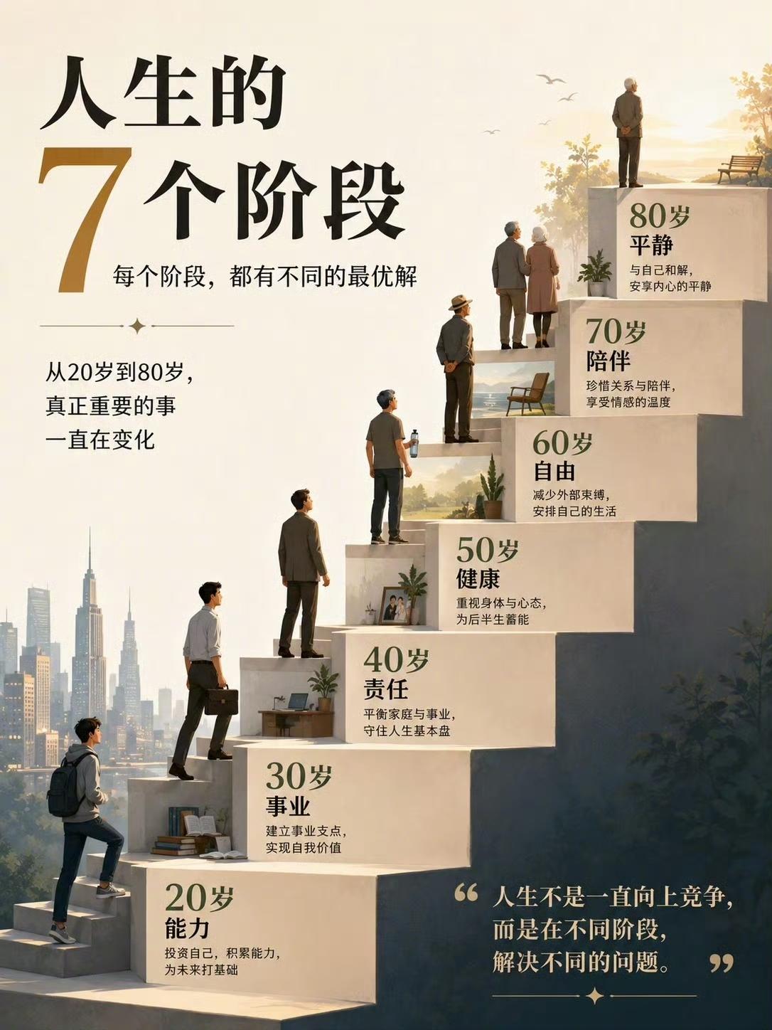 人生7个阶段，每个年龄段，都有专属的最优解：
20岁拼能力，投资自己，积累未来的