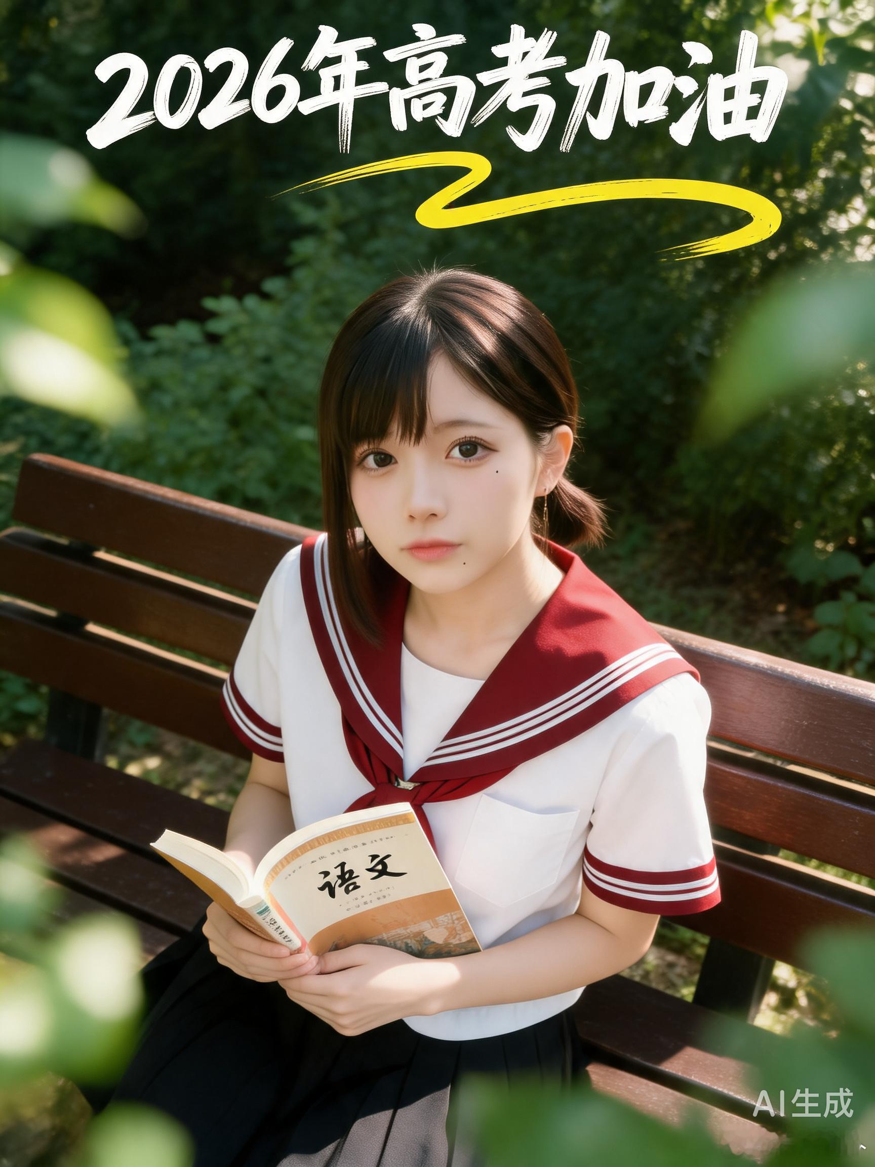 微博AI创作季为2026届高考生加油坐在春日校园的长椅上，双手捧着语文书，抬头望