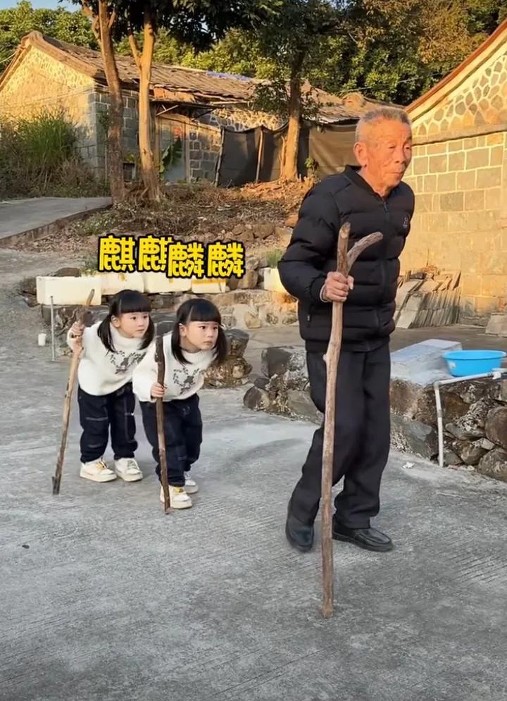 携杖探幽径，老翁与童行。这老翁可真幸福啊，一家三代人，有孙女相陪，在大街上踱步前