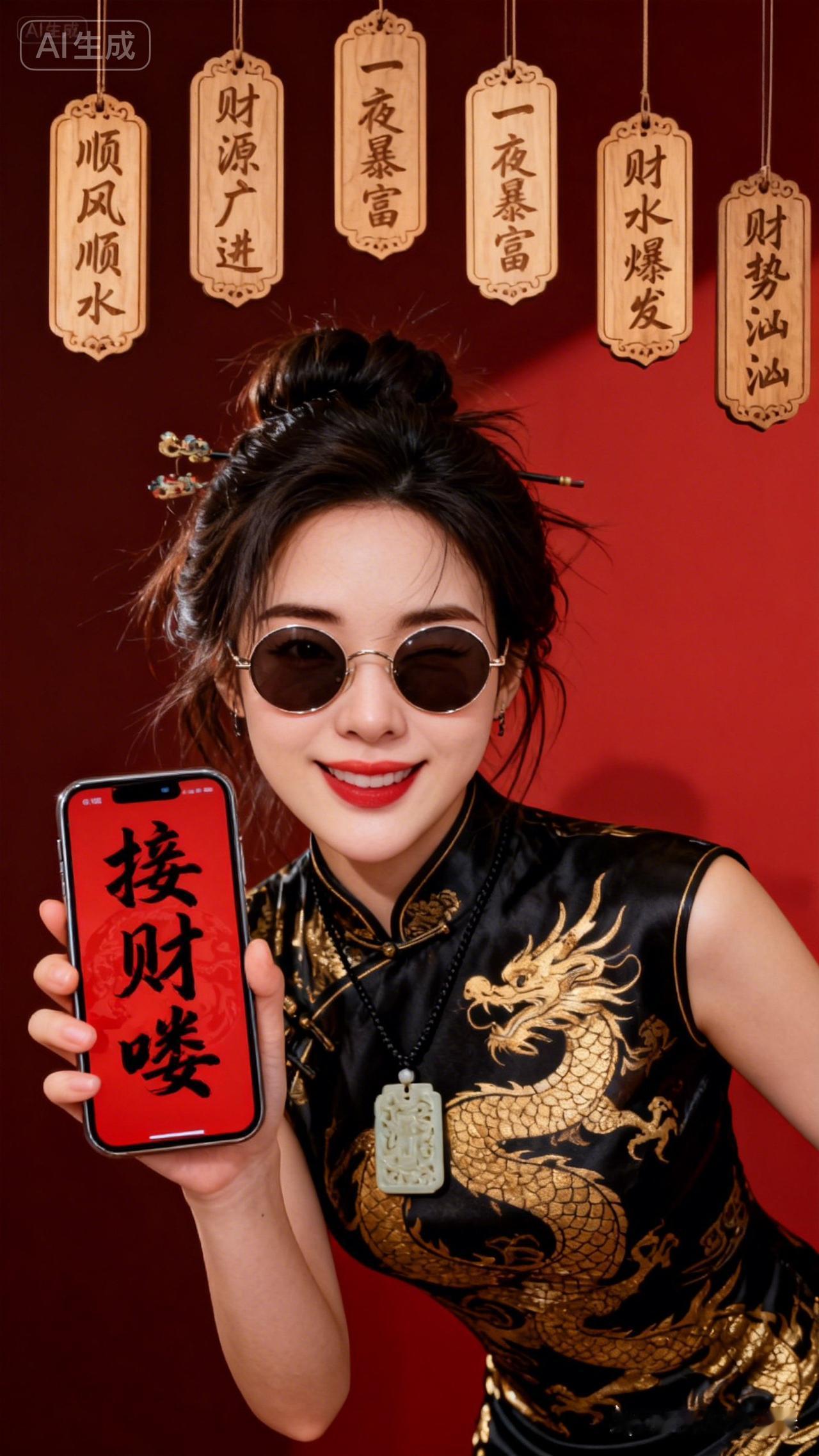 这姑娘穿旗袍，手机还贴着“接财”呢。