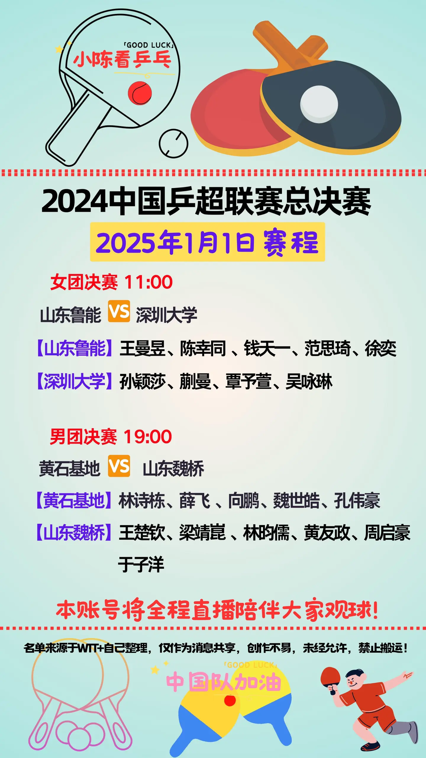 2024中国乒超联赛1月1日总决赛赛程。祝大家新年快乐！祝中国乒乓球队越来越好！