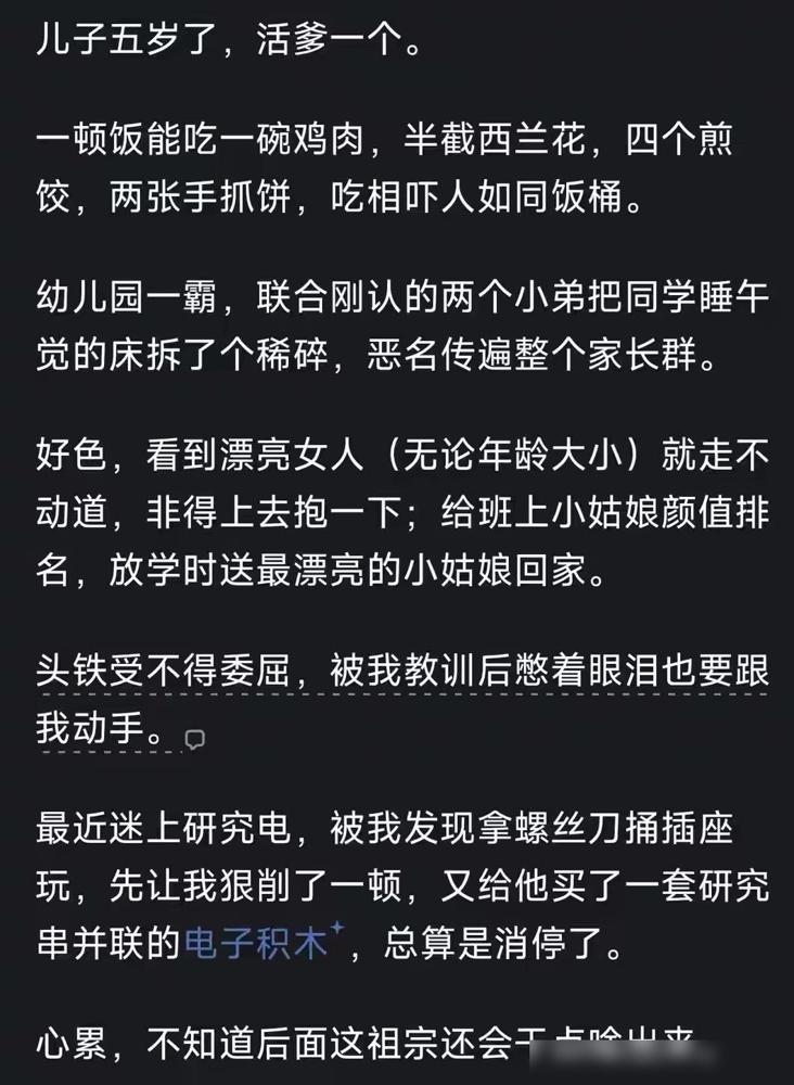 五岁的儿子，竟然能整出这么多麻烦来，活脱脱一个大人样。

这句感叹里，最有意思的