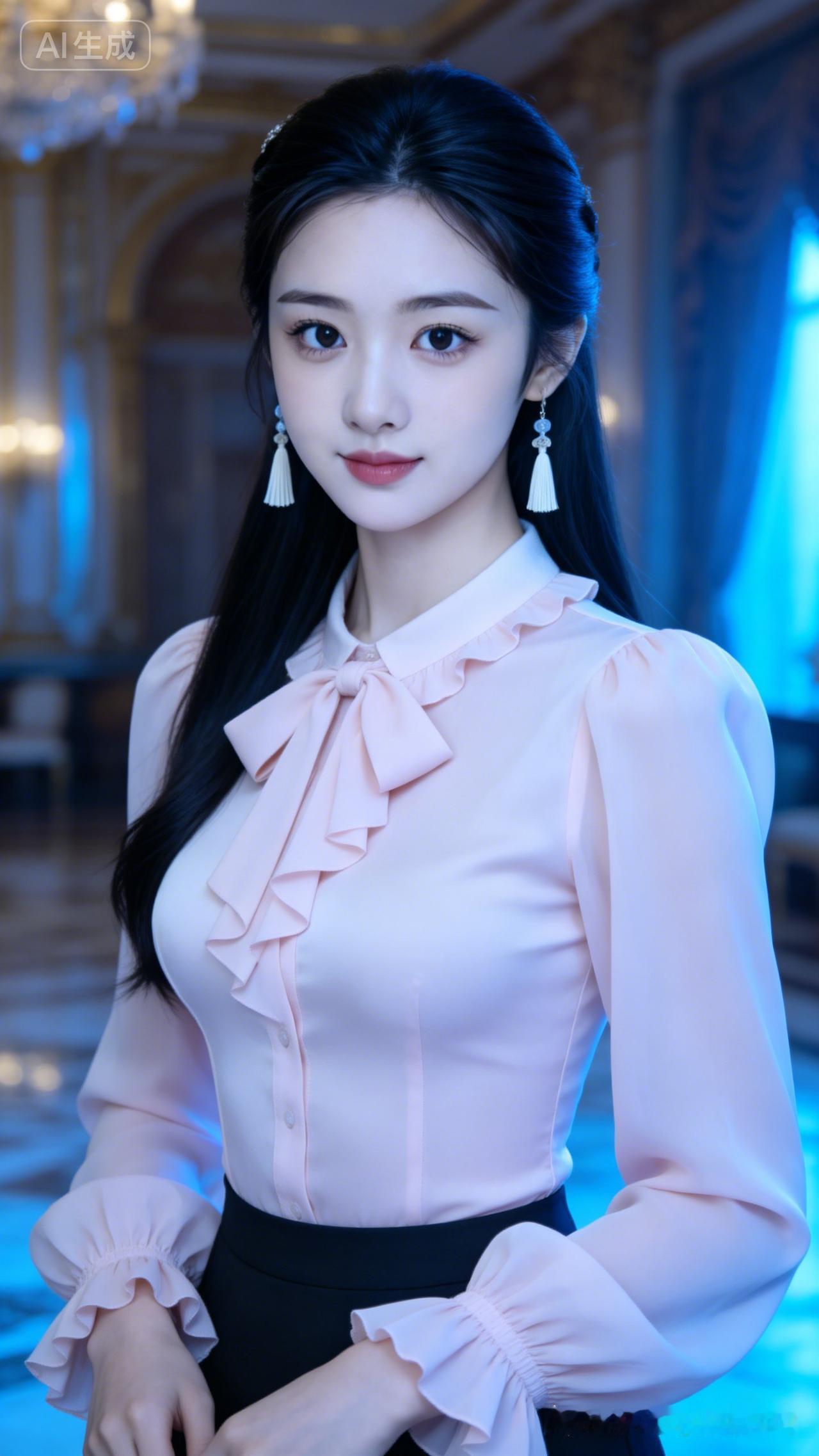 心地温婉纯善的少女，柔润长发披肩飘逸。身着淡粉蝴蝶结雪纺衬衫，荷叶领袖精致灵动。