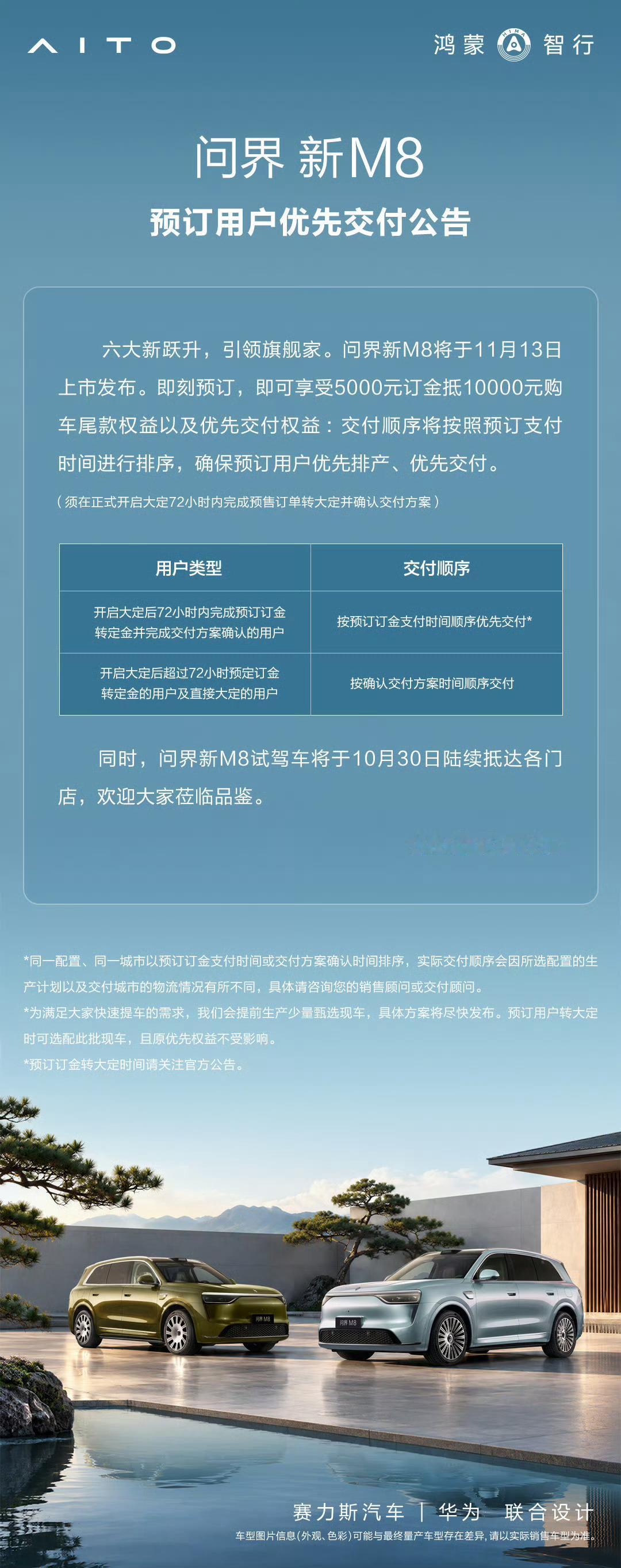 问界新M8定档11月13日上市，试驾车10月30日陆续进店，预售价38.98万起