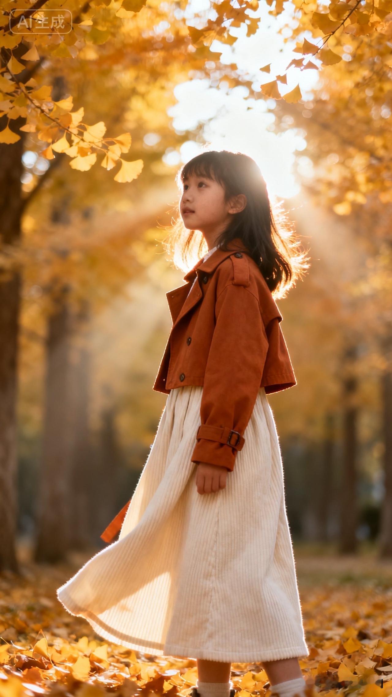 秋天的小女孩，在落叶中漫步。