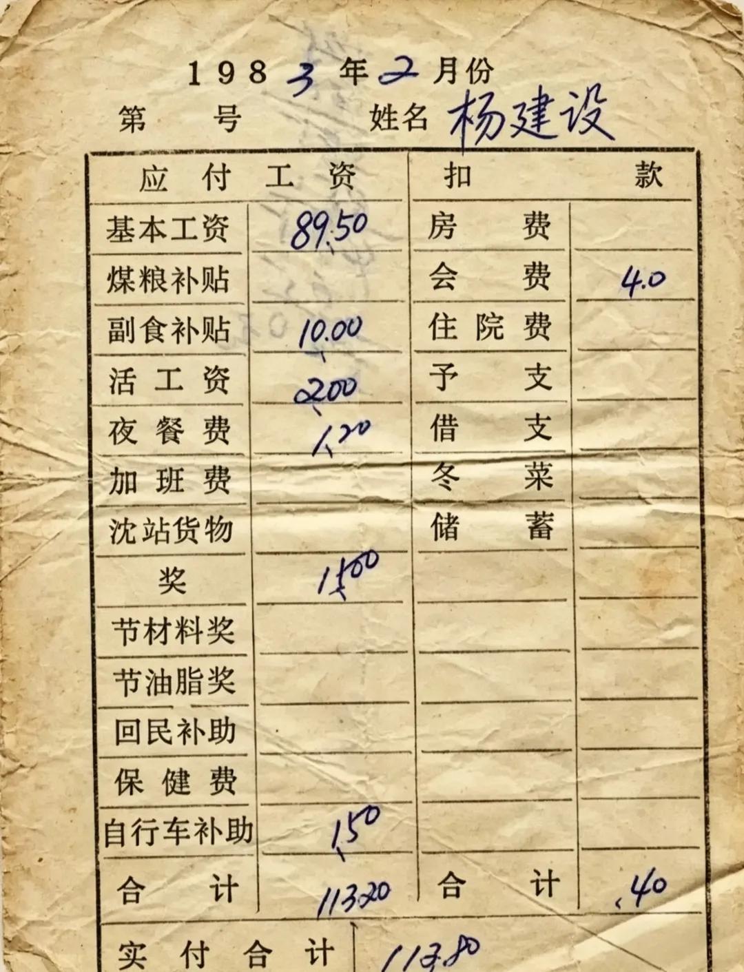 这是一位铁路局职工1983年的工资条，这工资在当年已经算很高了！你们觉得相当于现