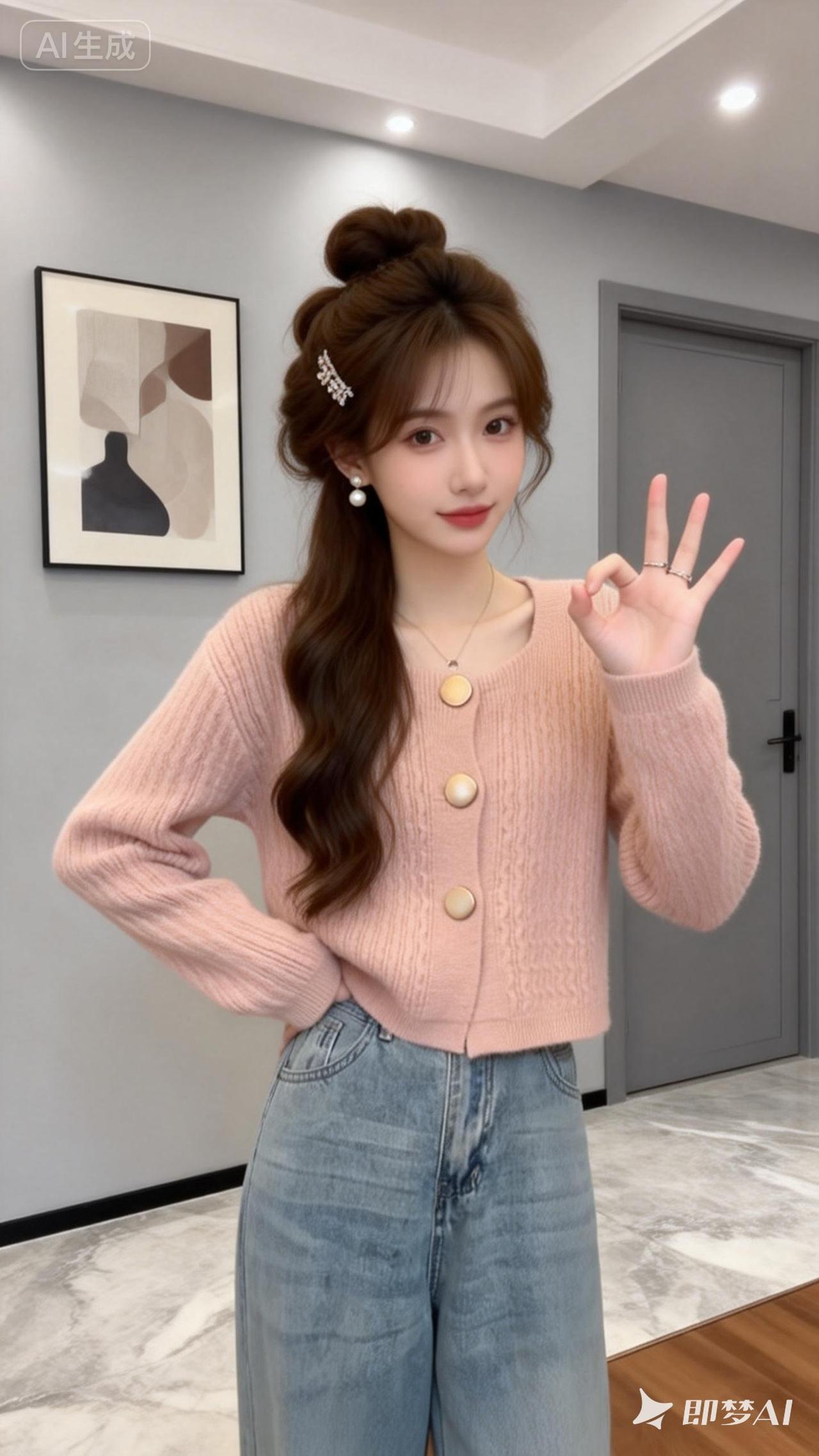 一位23岁左右五官非常精致漂亮的美女，女性为棕色长蓬松温柔盘发，并用带有装饰的发