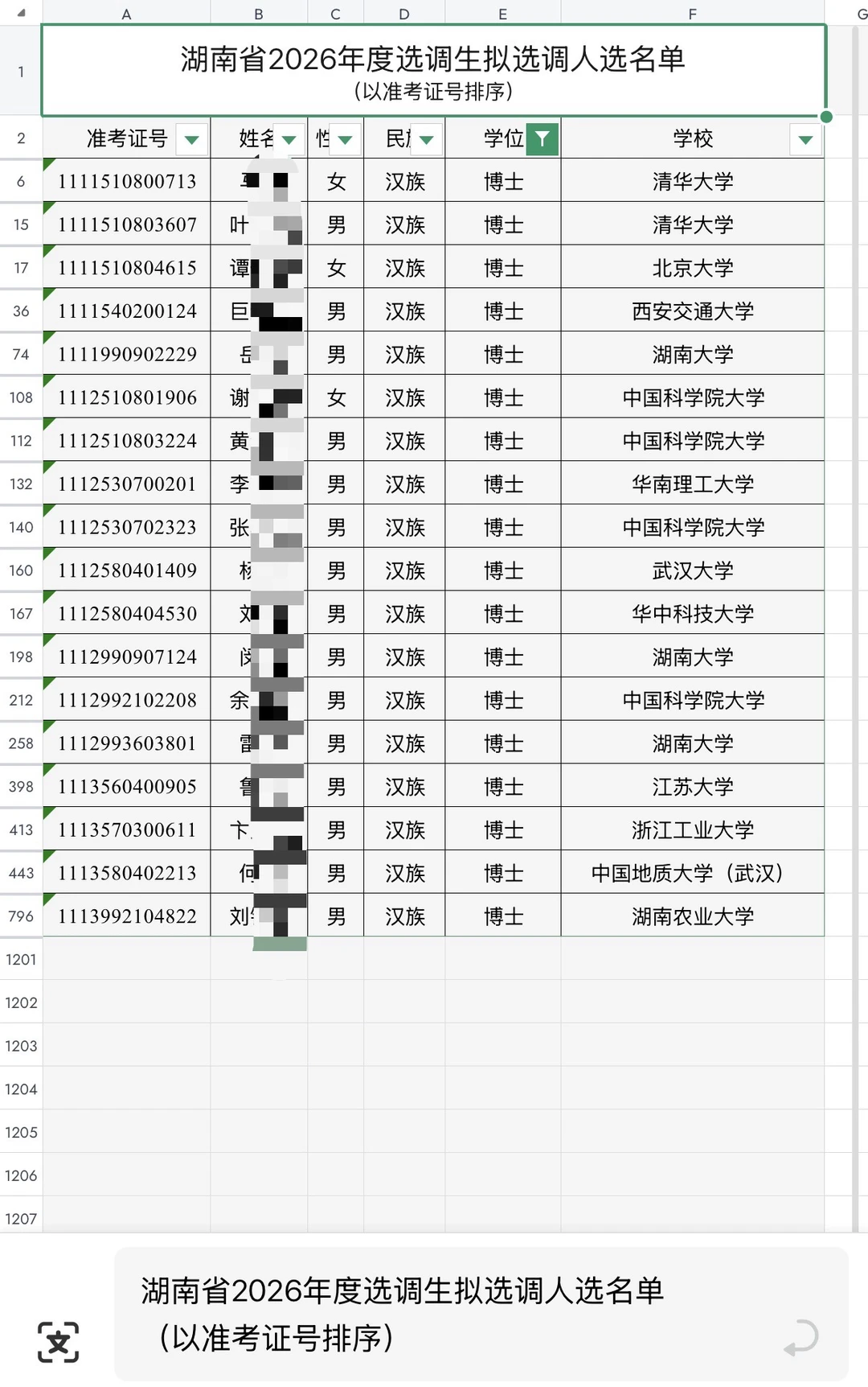 湖南省2026年选调生遴选选调拟人选名单博士