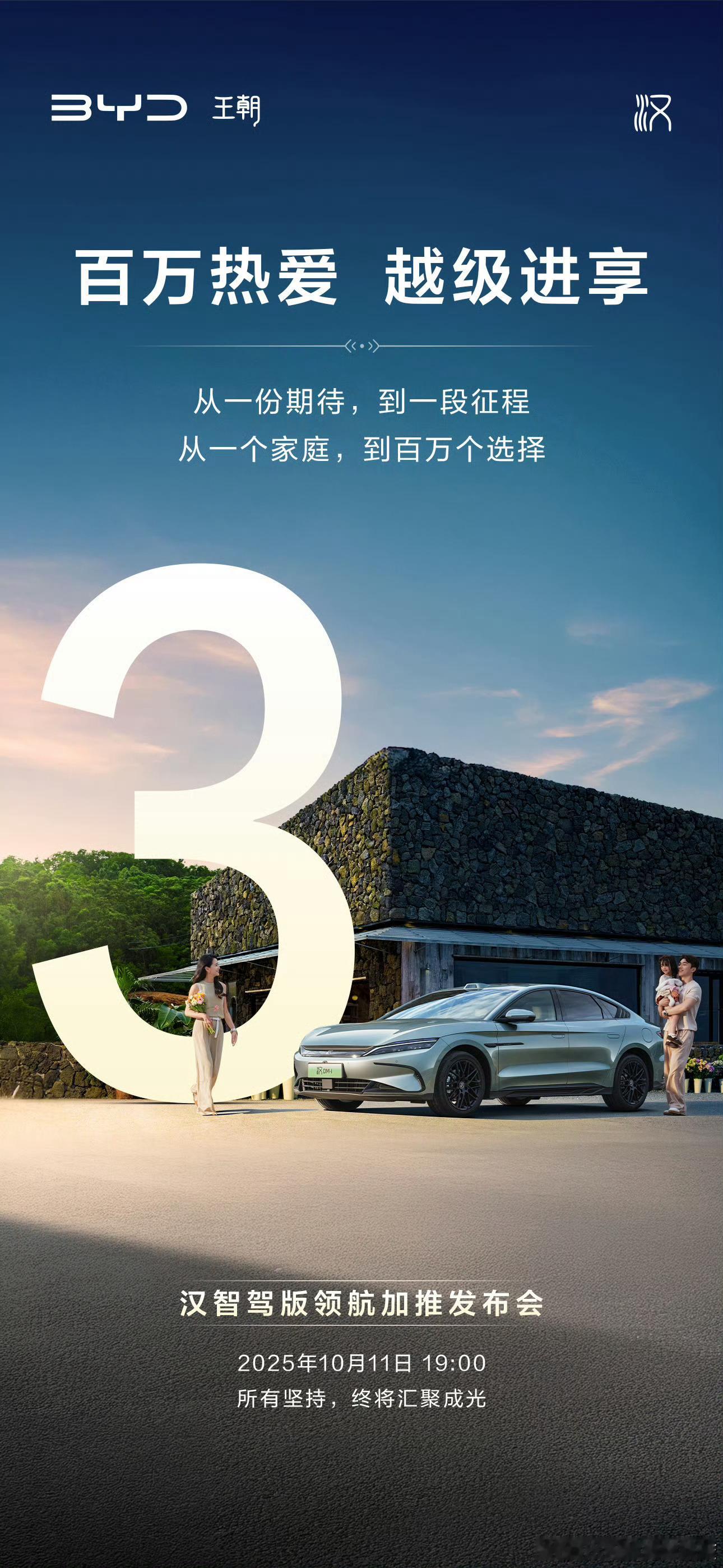 比亚迪汉家族销量突破100万辆了，即将在10月11日发布新车型，就是汉智驾版领航