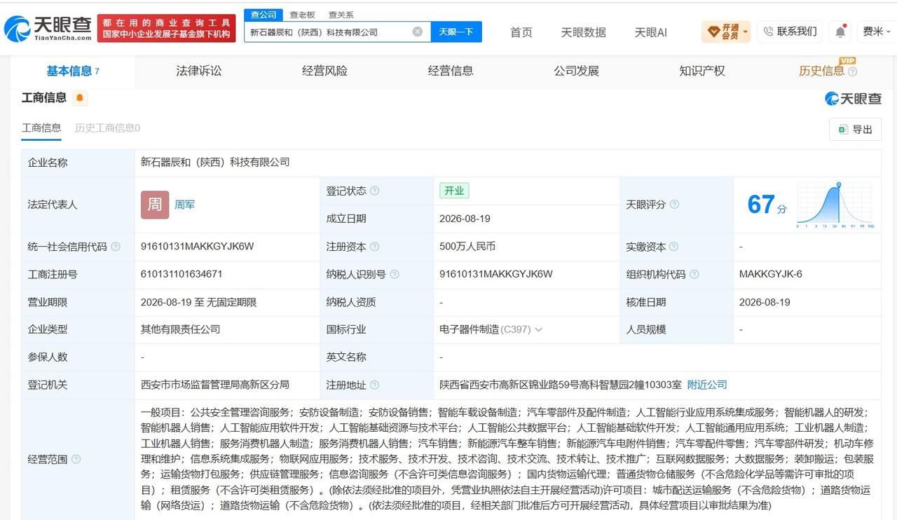 【新石器无人车等在陕西成立新公司 注册资本500万】
天眼查工商信息显示，新石器