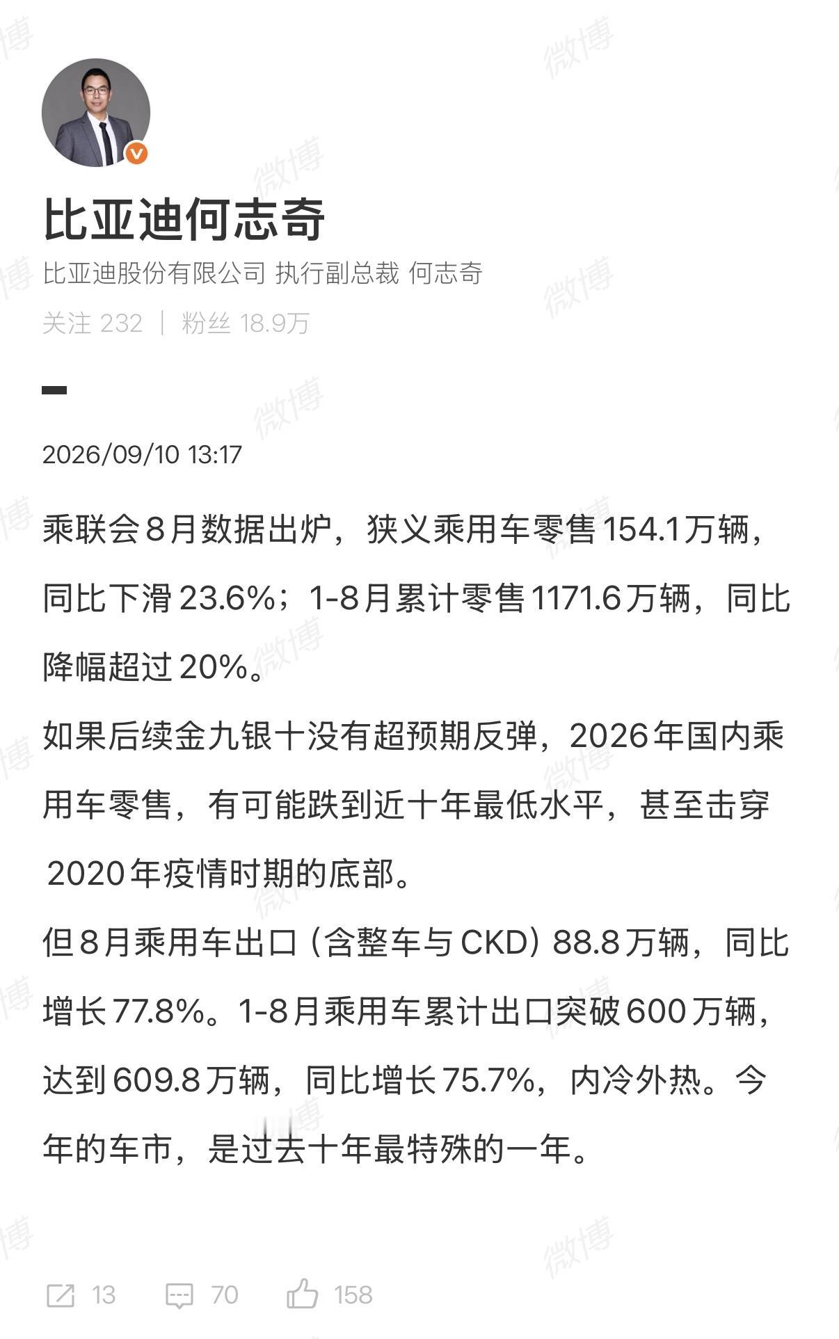 比亚迪执行副总裁何志奇：2026年国内乘用车零售销量可能跌到近十年最低水平。
