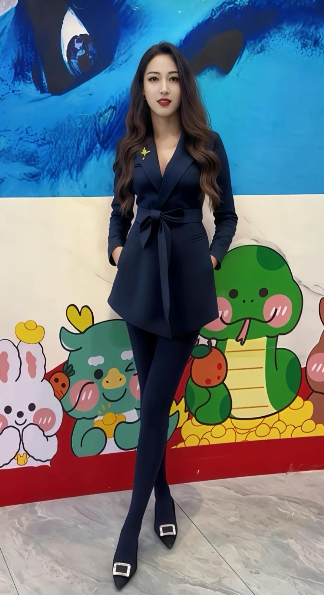 这位女士穿着优雅，站在卡通背景前。