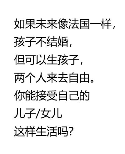 你能接受自己的孩子不结婚吗？
如果未来像法国一样，不结婚但可以生孩子，
两个人来
