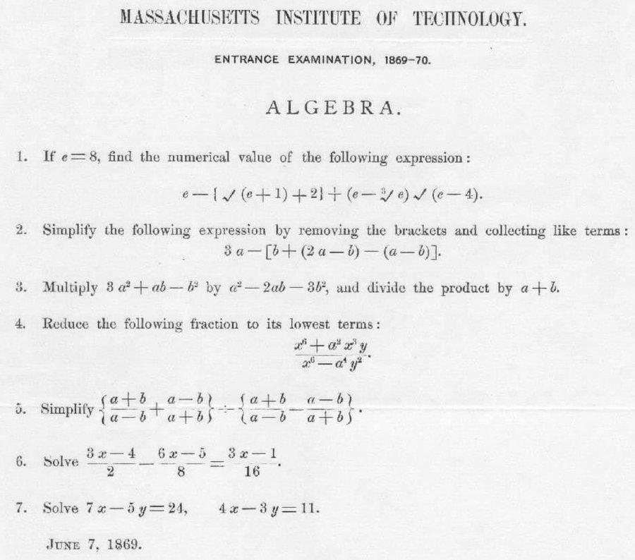 麻省理工学院1869-1870年的入学考试内容。