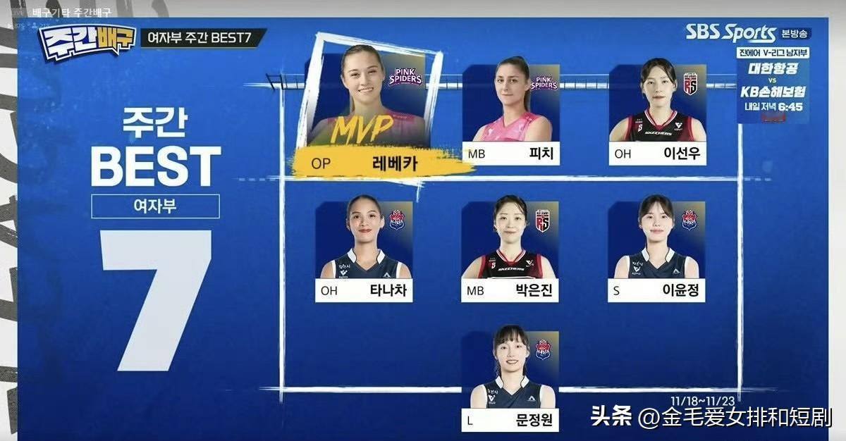 韩国V女排联赛上周的周最佳阵容 
主攻：塔纳查（高速公路公社）、李善宇（正官庄）