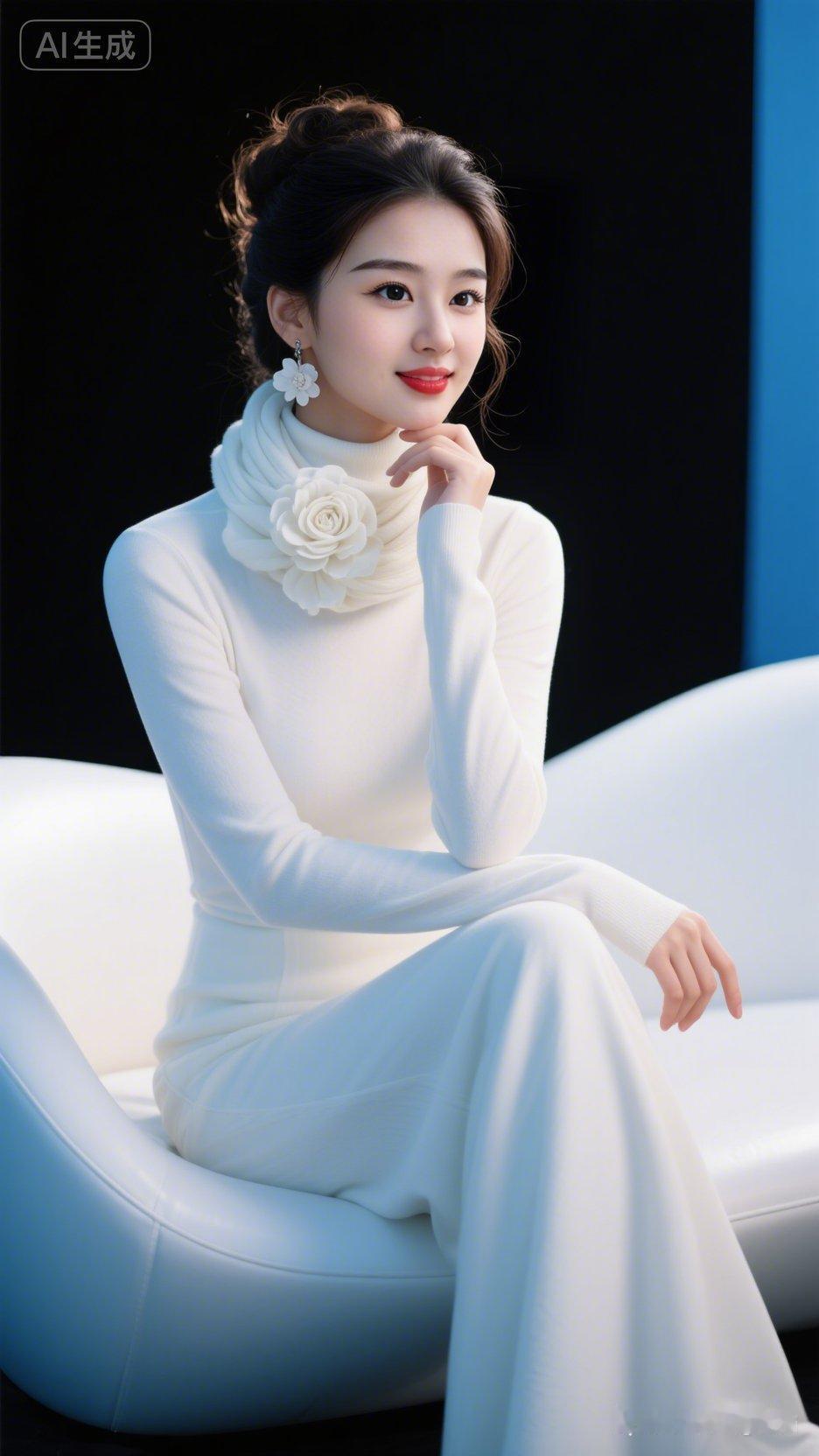 正面人像，容颜秀丽，高盘发微乱带发丝柔光，白花耳坠精致。高清蓝光质感，高贵典雅。