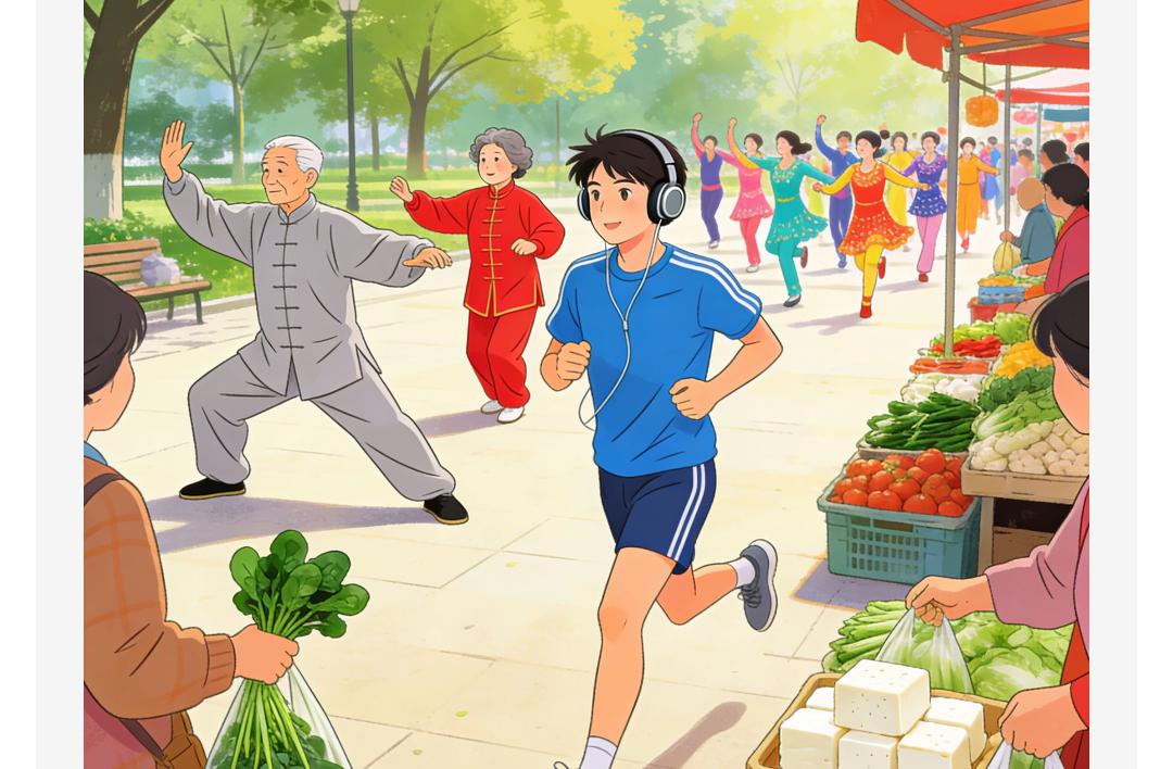 大清早六点
公园里可真热闹
大爷大妈们打太极
慢悠悠的跟画儿里似的
小年轻跑步跟